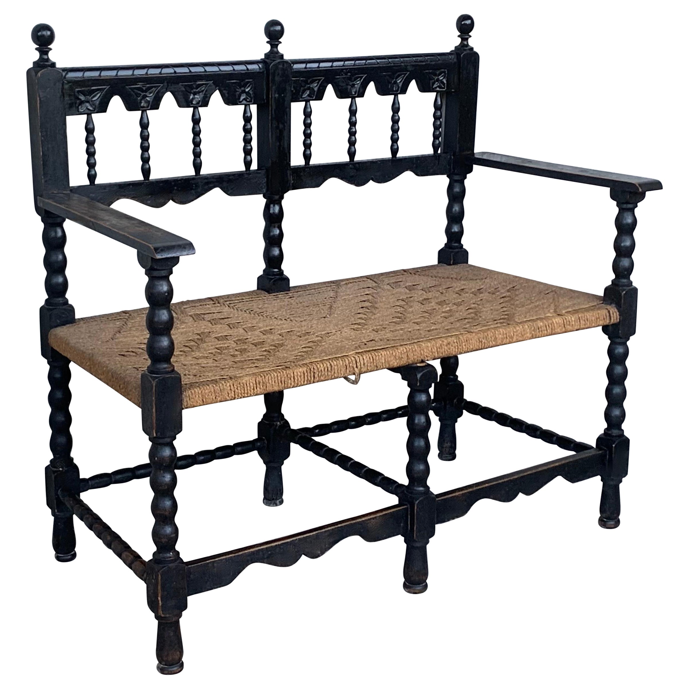 20th Century Catalan Throne Sofa in Walnut and Caned Seat