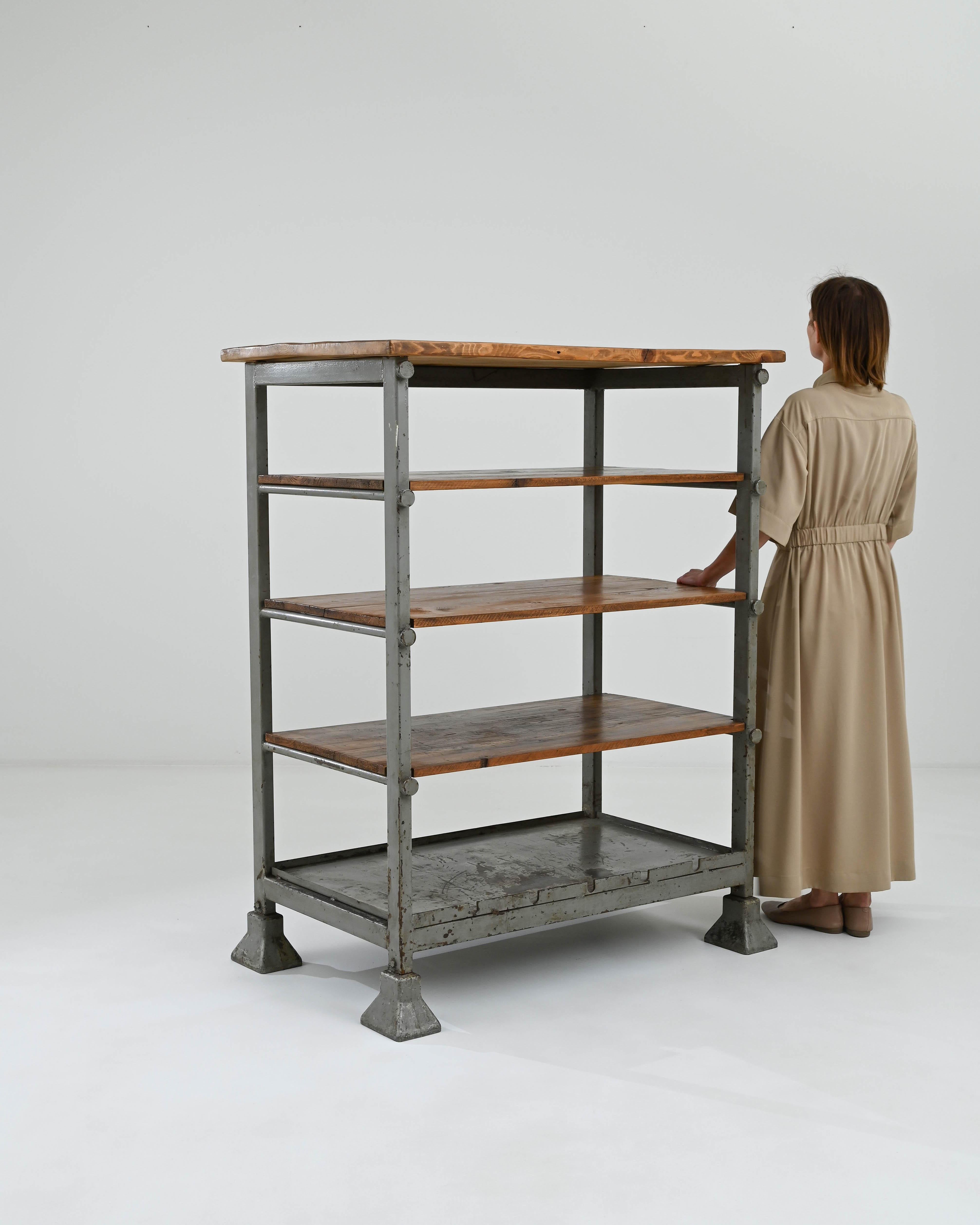 Industrial 20th Century Central European Metal and Wooden Shelf  For Sale