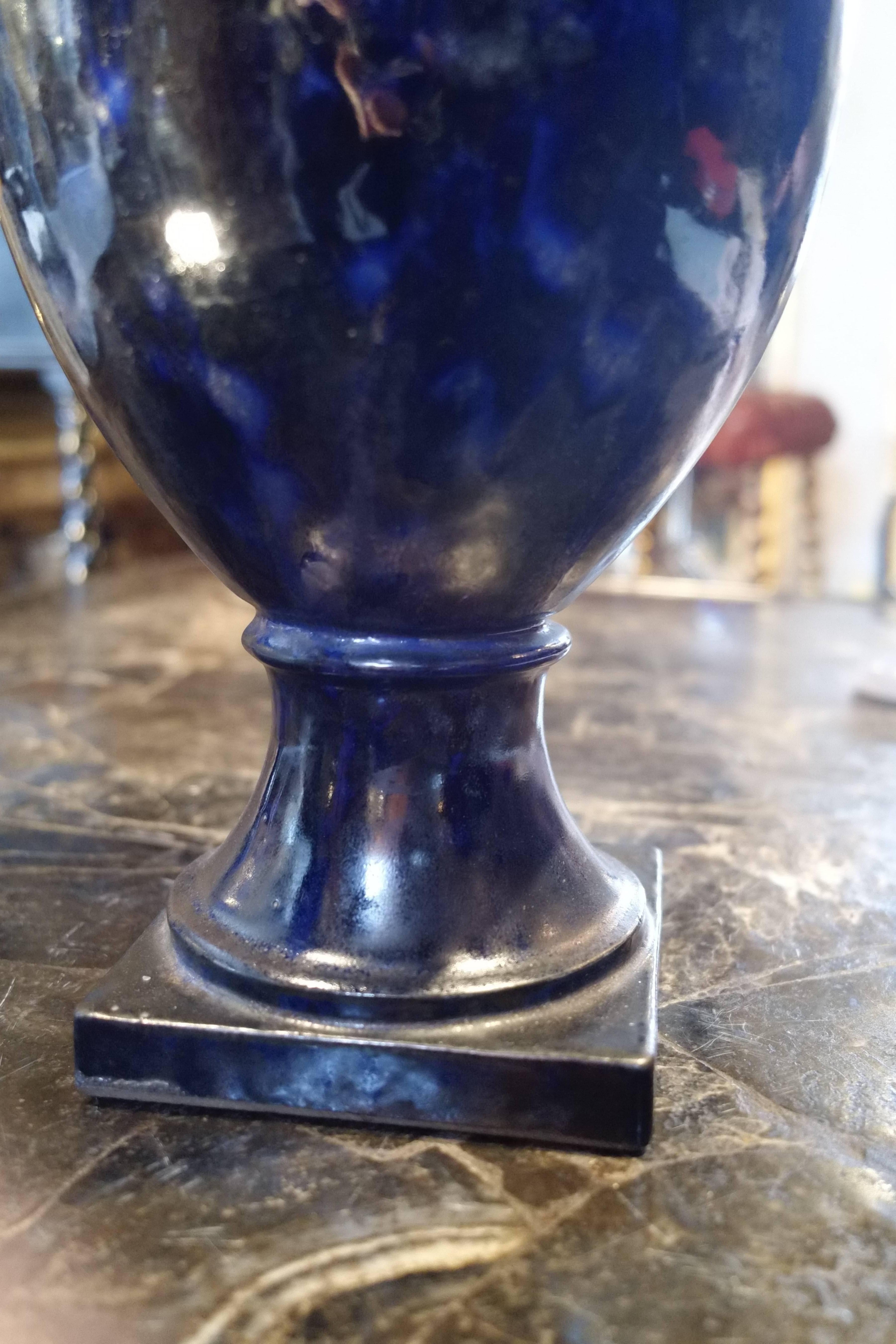 Classical Greek 20th Century Ceramic Amphora Vase in the Style of the Antique, Black and Blue For Sale