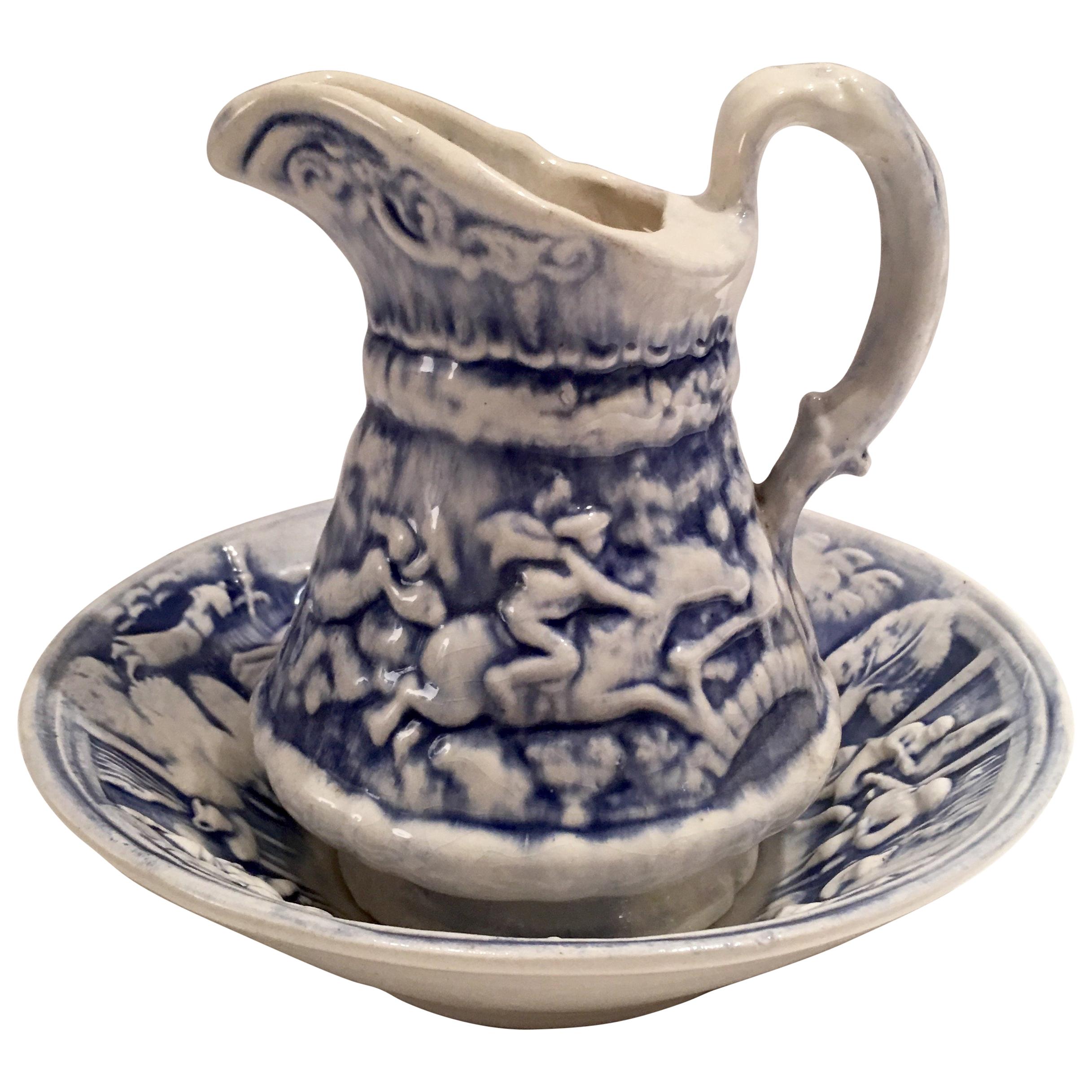 20th Century Ceramic Blue and White Pitcher and Basin