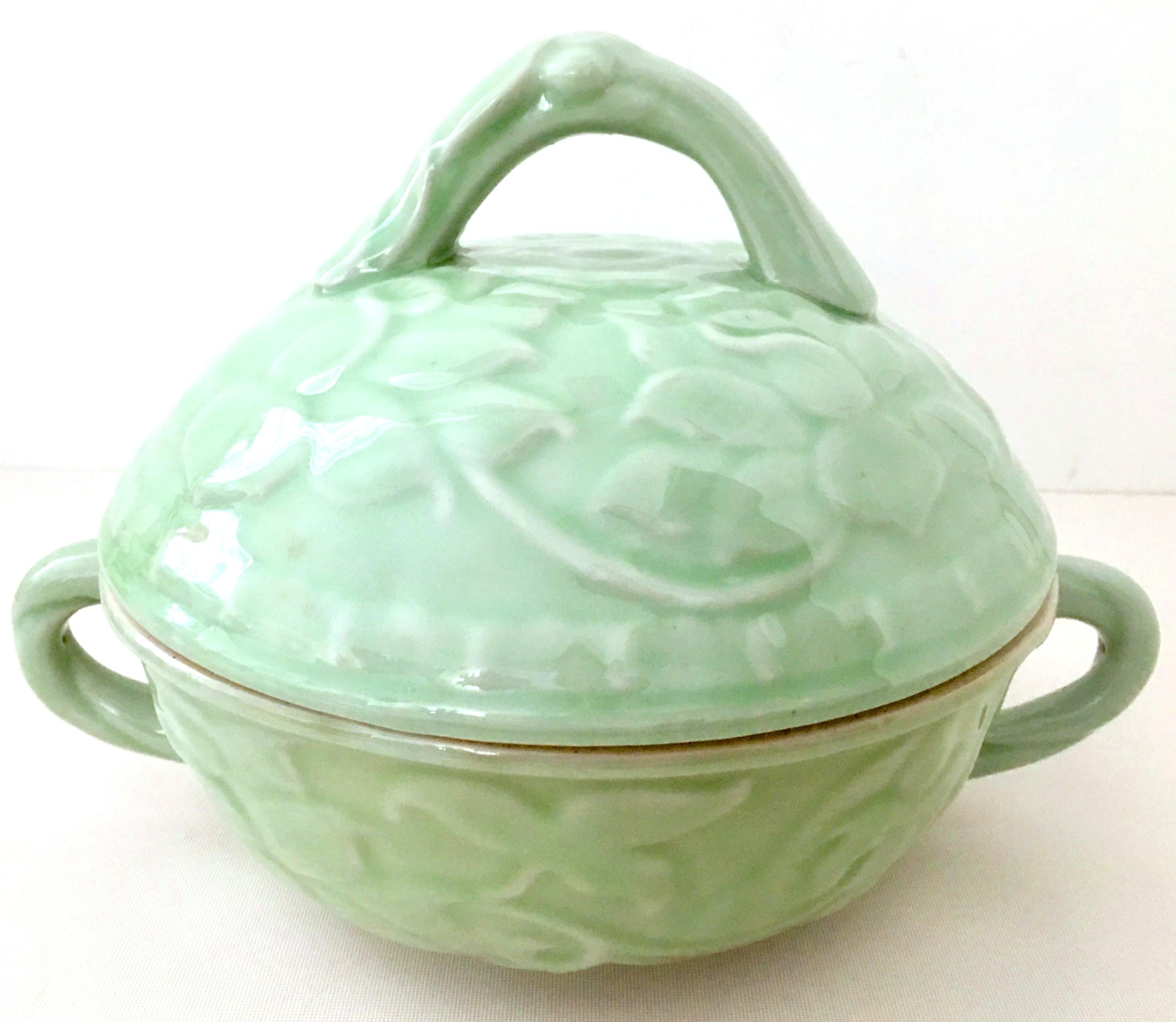 20th century Ceramic Lidded Tureen. This sea foam green heavy duty Tureen has a high relief 