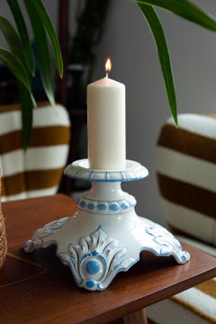20th Century Ceramic White and Blue Candlestick, France, 1960s
