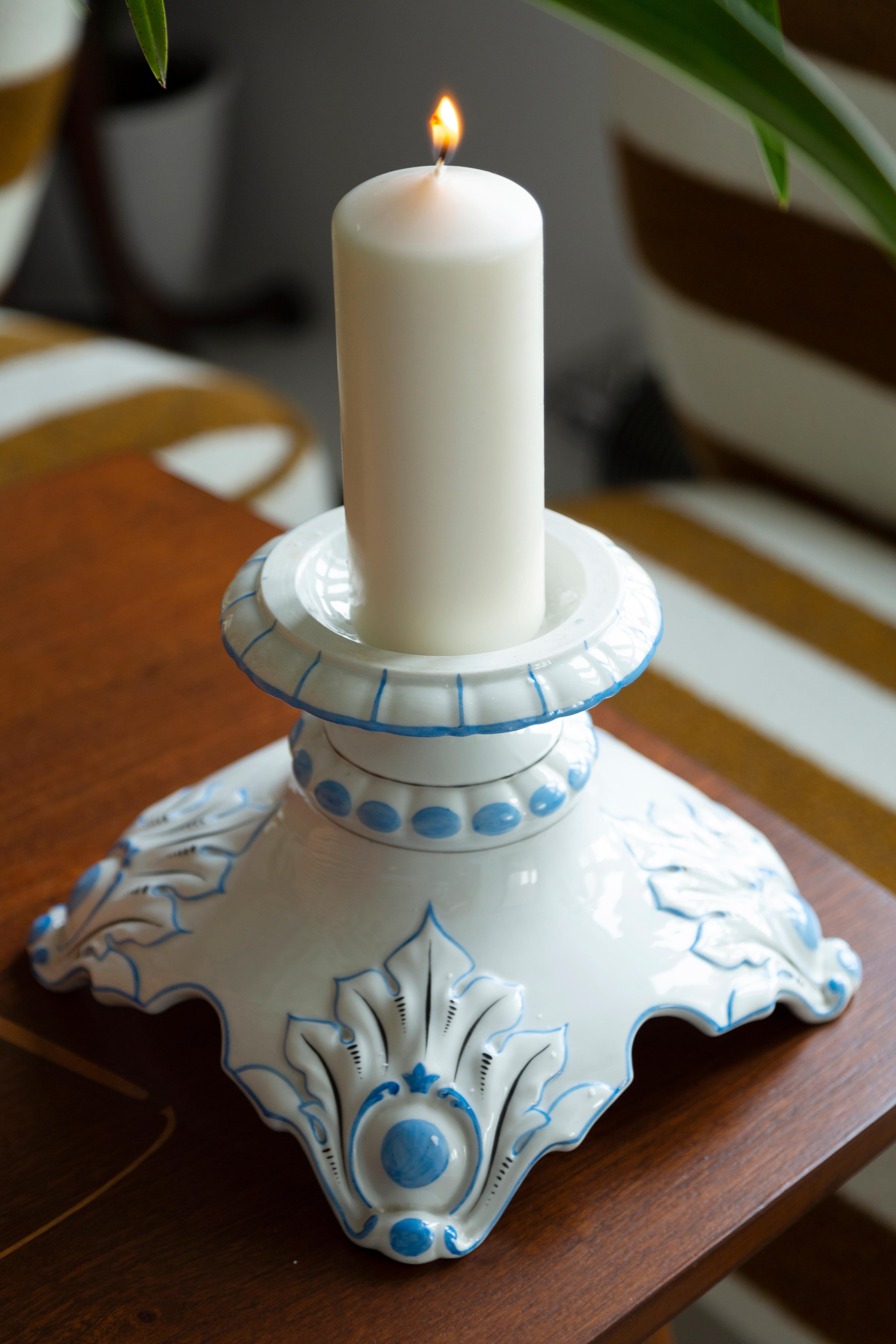 Mid-Century Modern 20th Century Ceramic White and Blue Candlestick, France, 1960s For Sale