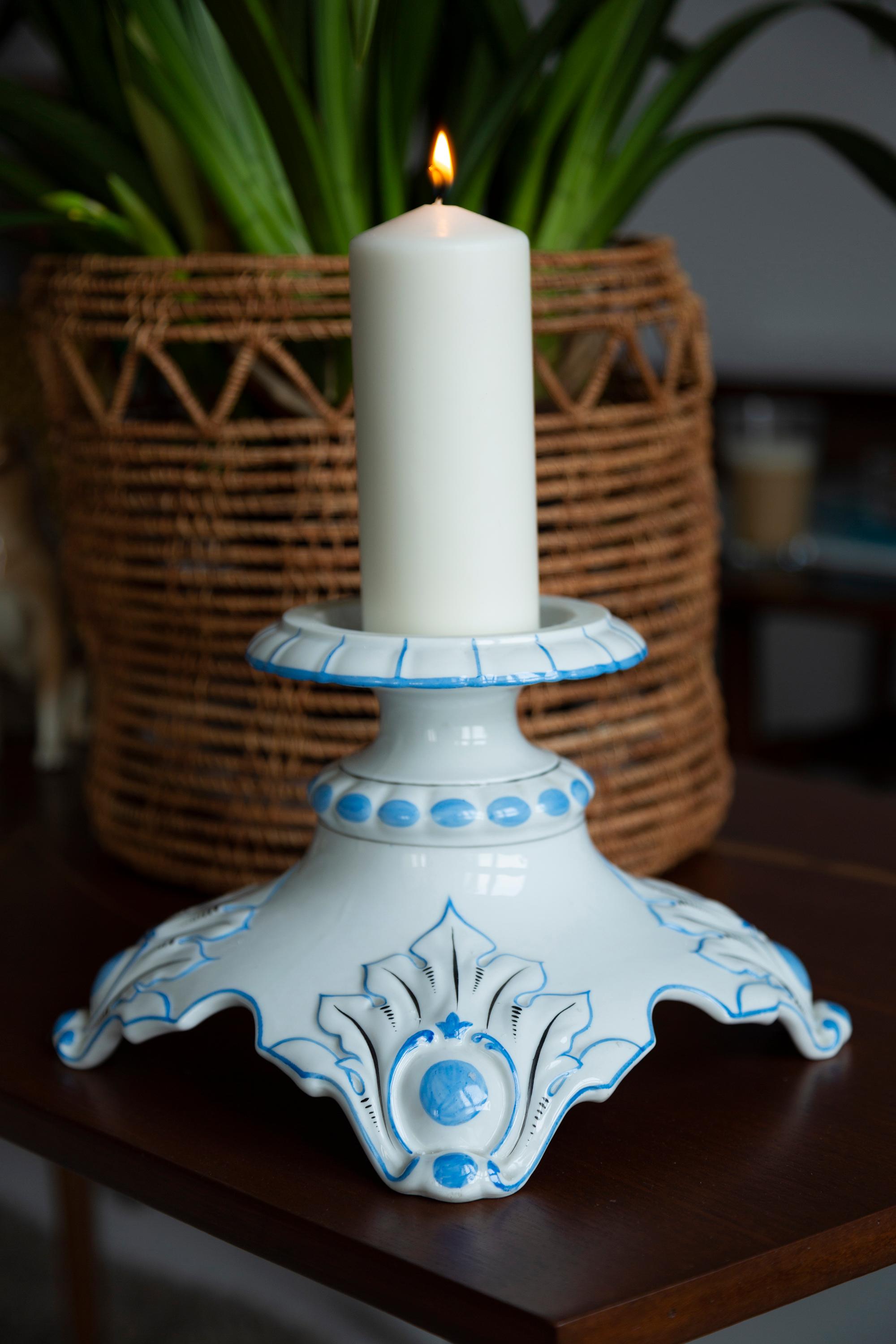 French 20th Century Ceramic White and Blue Candlestick, France, 1960s For Sale