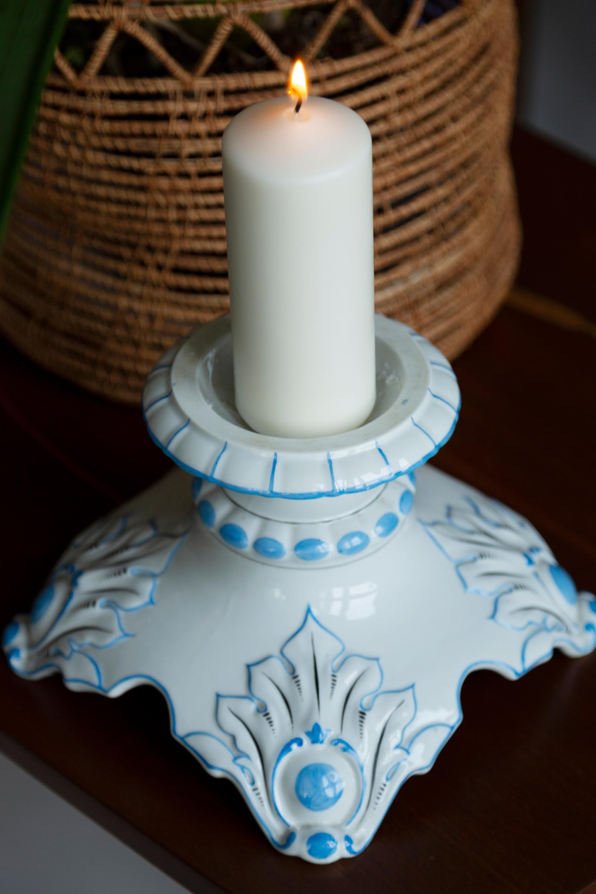 20th Century Ceramic White and Blue Candlestick, France, 1960s For Sale 1