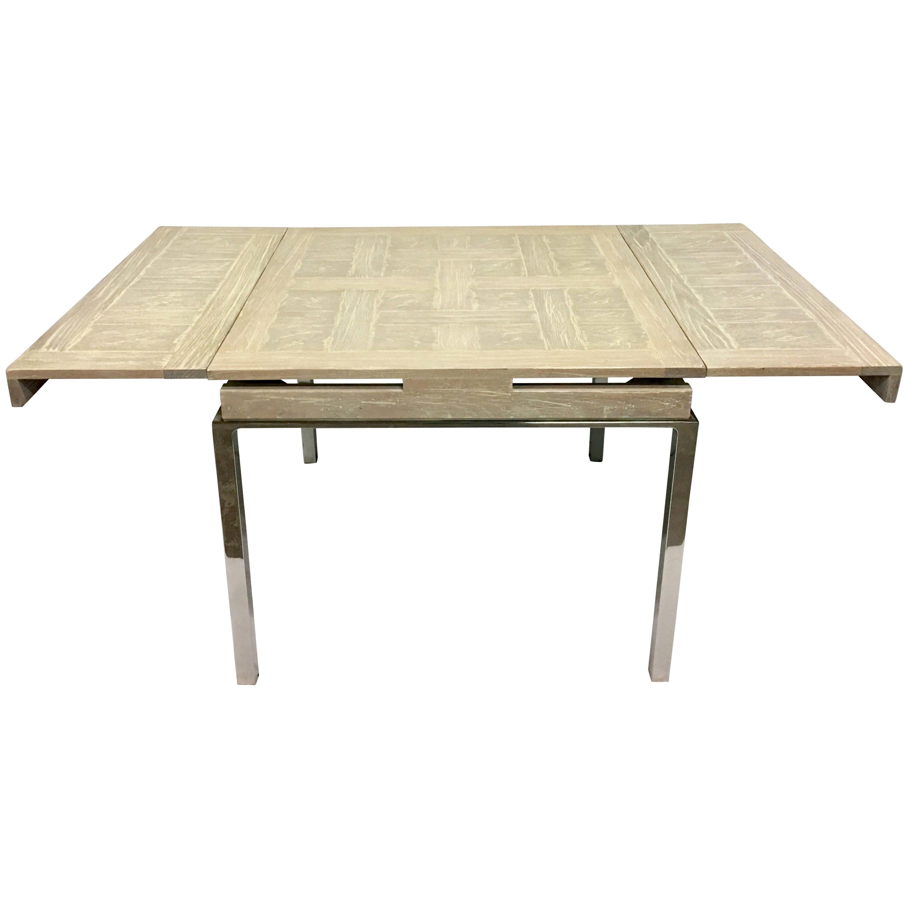 20th Century Cerused Oak Marquetry and Chrome Expandable Dining Table For Sale
