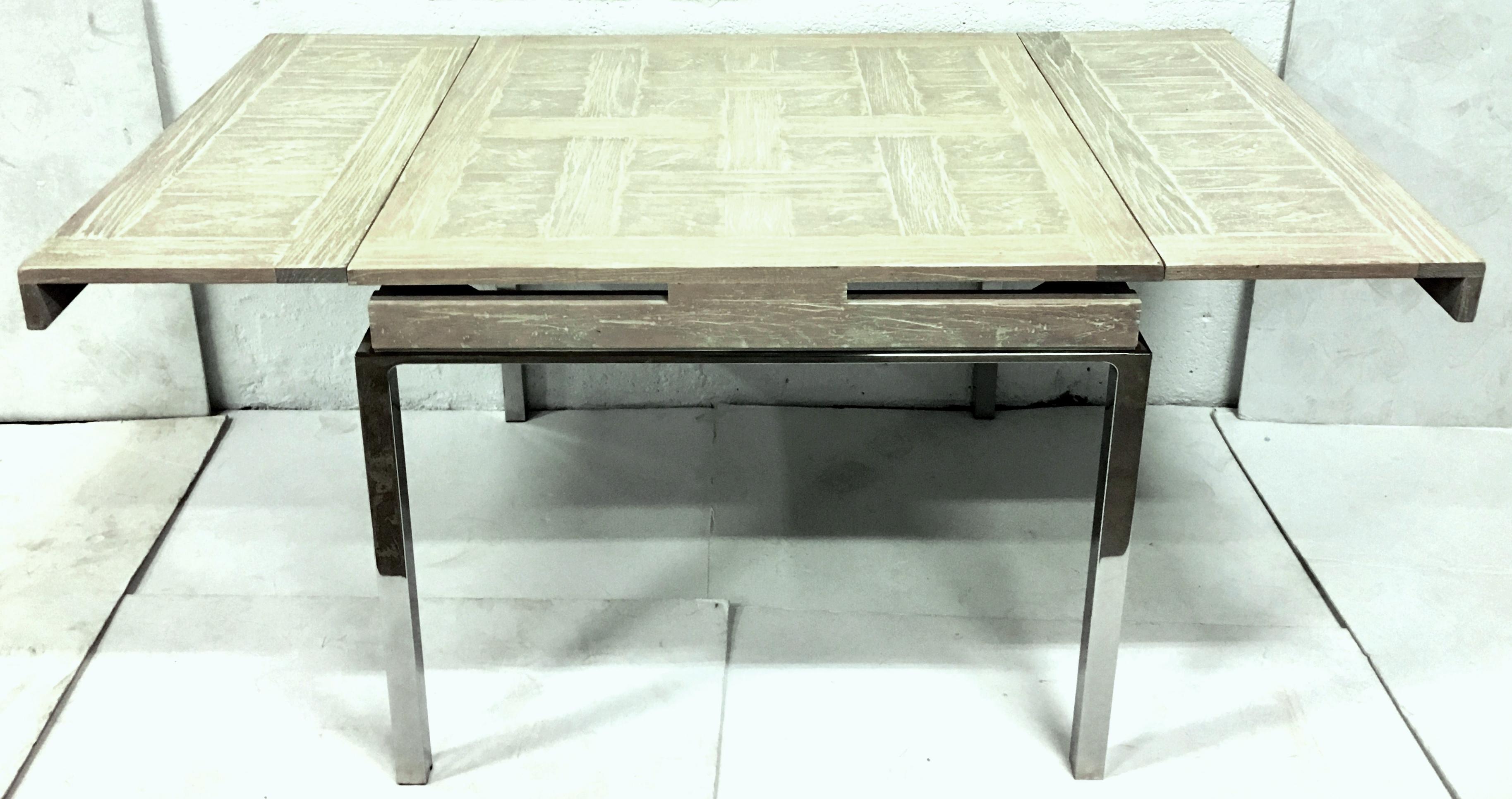 1970'S Organic modern finely custom crafted cerused oak marquetry top and polished silver chrome leg expandable dining table. The juxtaposition of a natural 