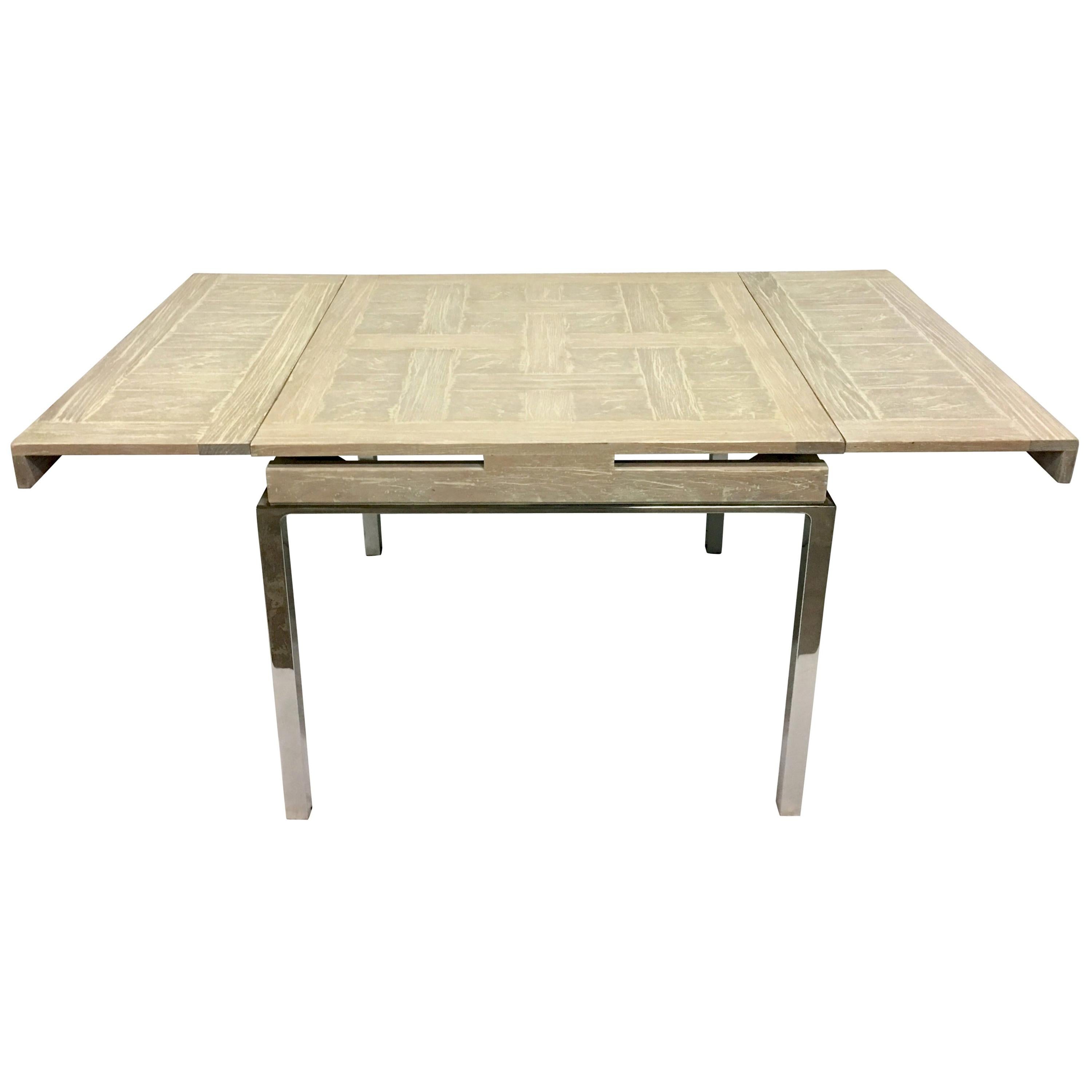 20th Century Cerused Oak Marquetry and Chrome Leg Expandable Dining Table For Sale