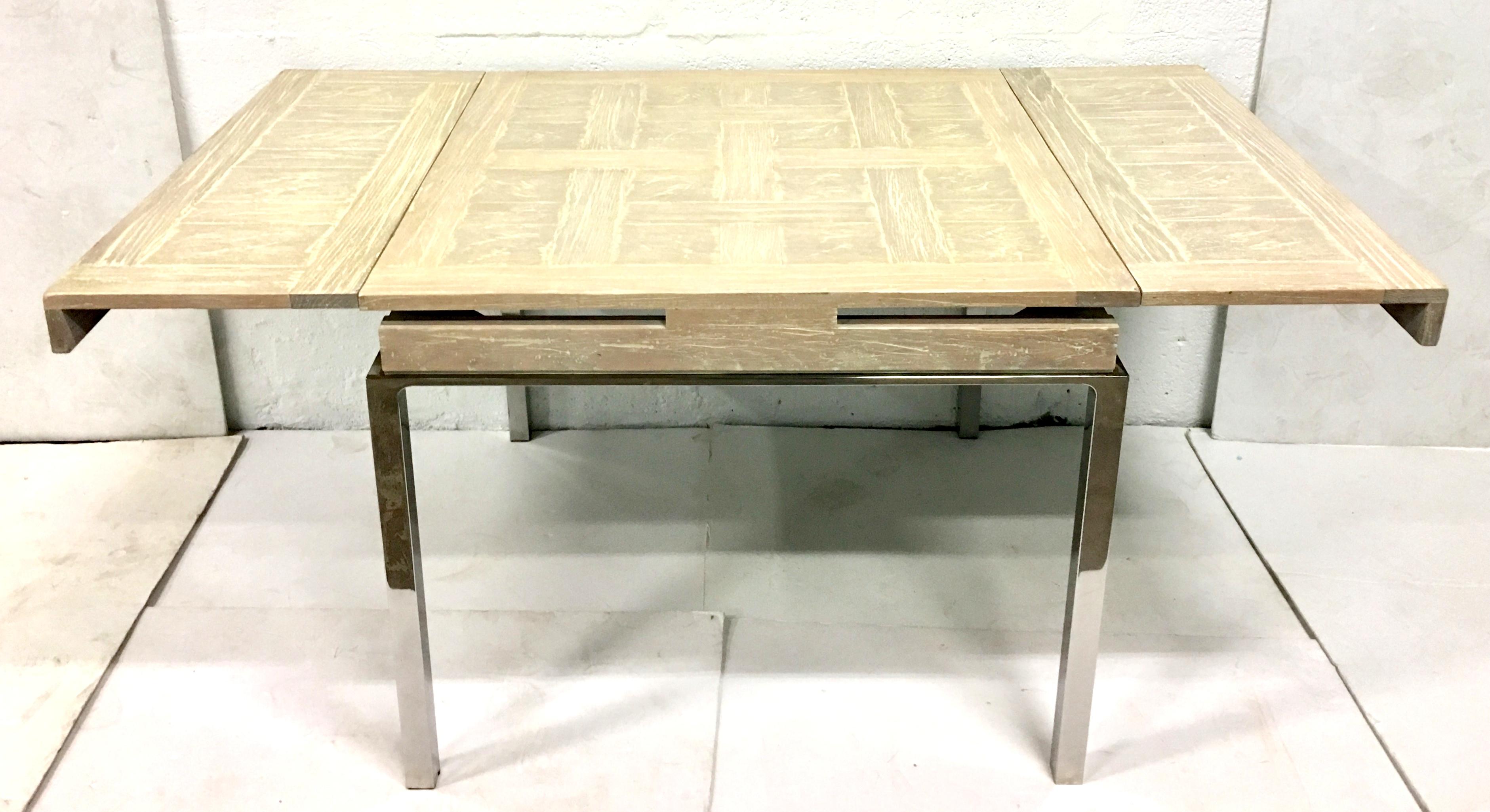 1970'S Organic Modern Finely Custom Crafted Cerused Oak Marquetry Top & Silver Chrome Leg Expandable Dining Table. The juxtaposition of a natural 