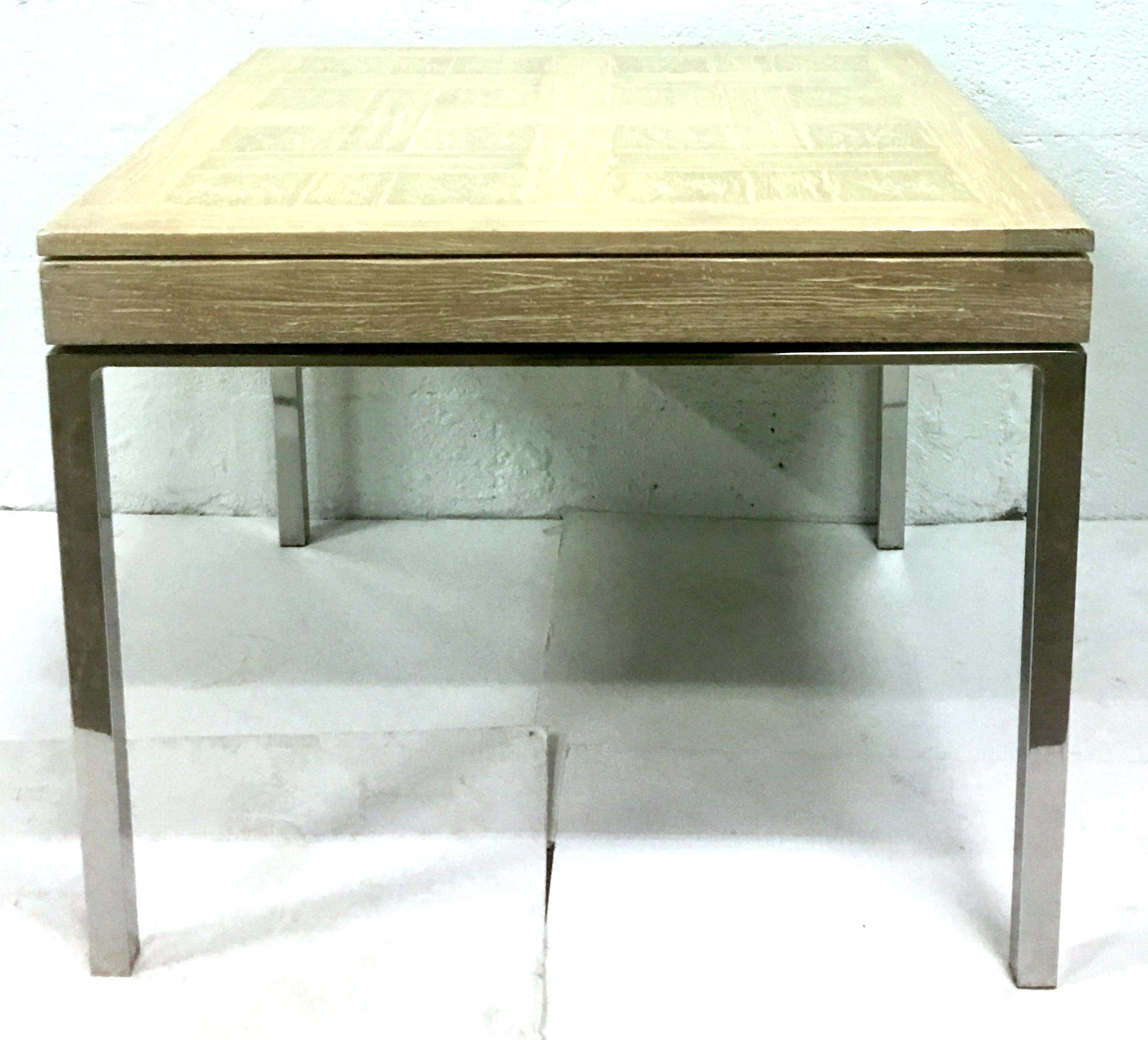 Organic Modern 20th Century Cerused Oak Marquetry and Chrome Expandable Dining Table For Sale