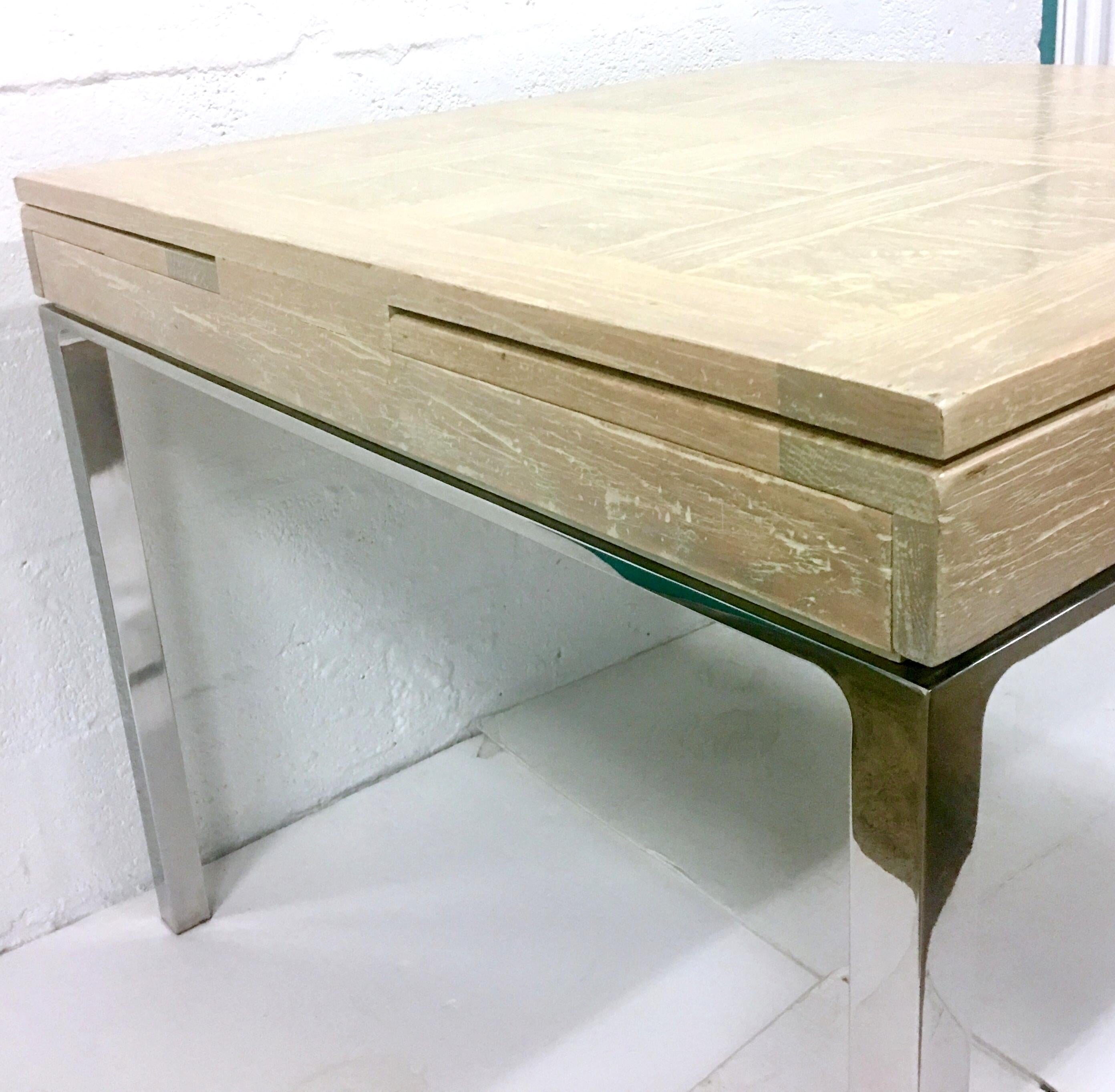 20th Century Cerused Oak Marquetry & Chrome Expandable Dining Table 1