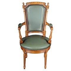 20th Century Chair English Armchair Leather, Yew Wood