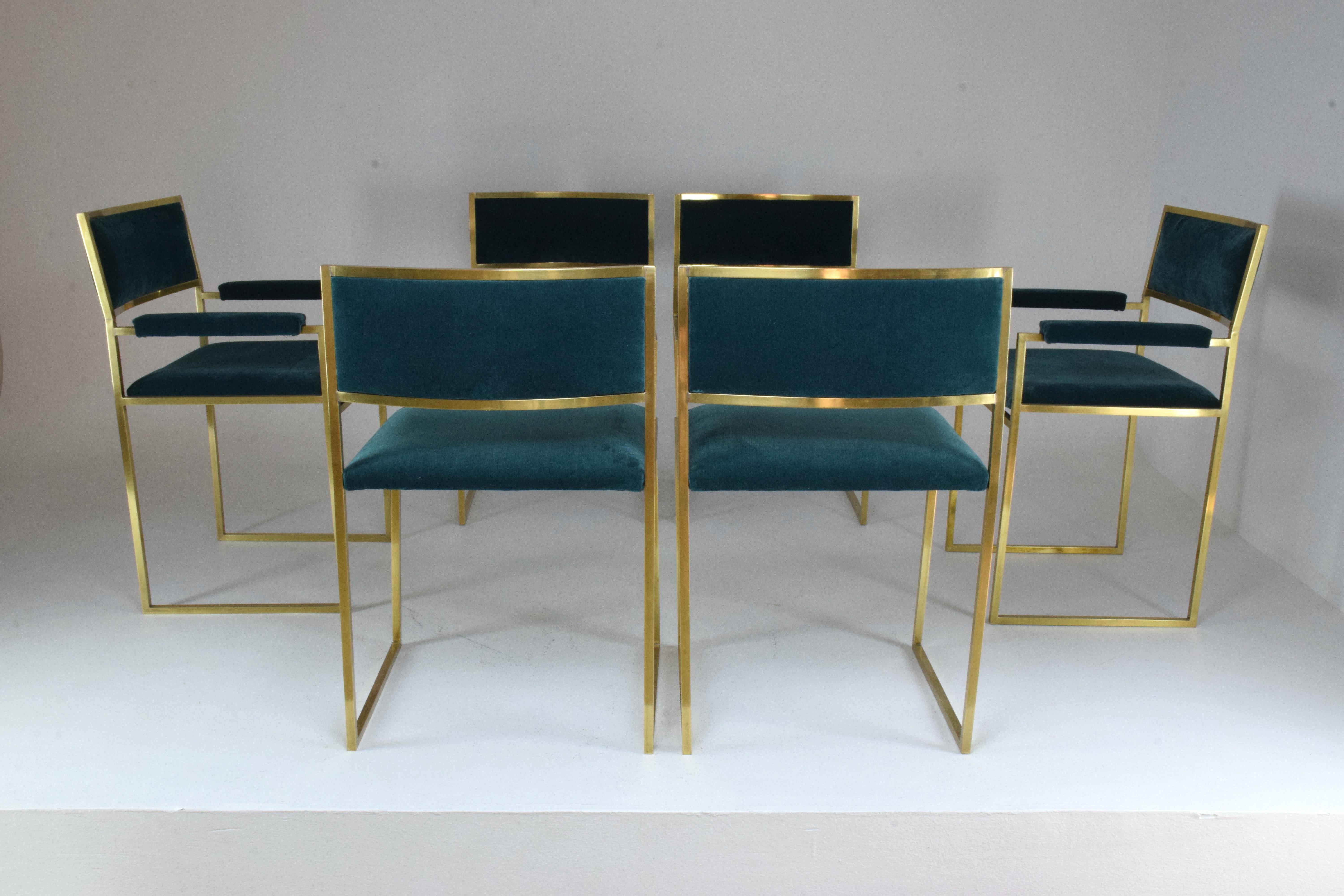 Brass 20th Century Chairs and Armchairs by Willy Rizzo, Set of 6, 1970s