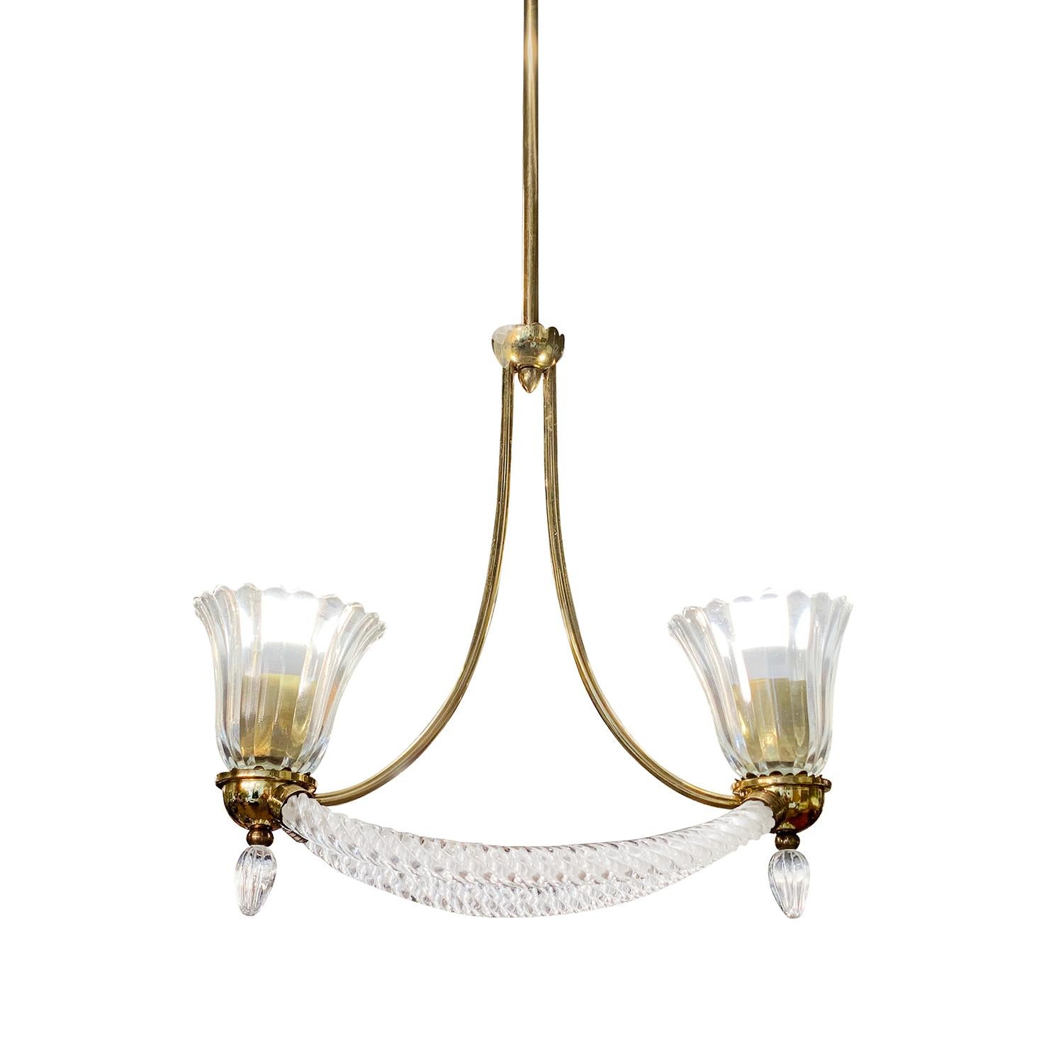Mid-Century Modern 20th Century Italian Murano Glass Chandelier, Brass Pendant by Barovier & Toso For Sale