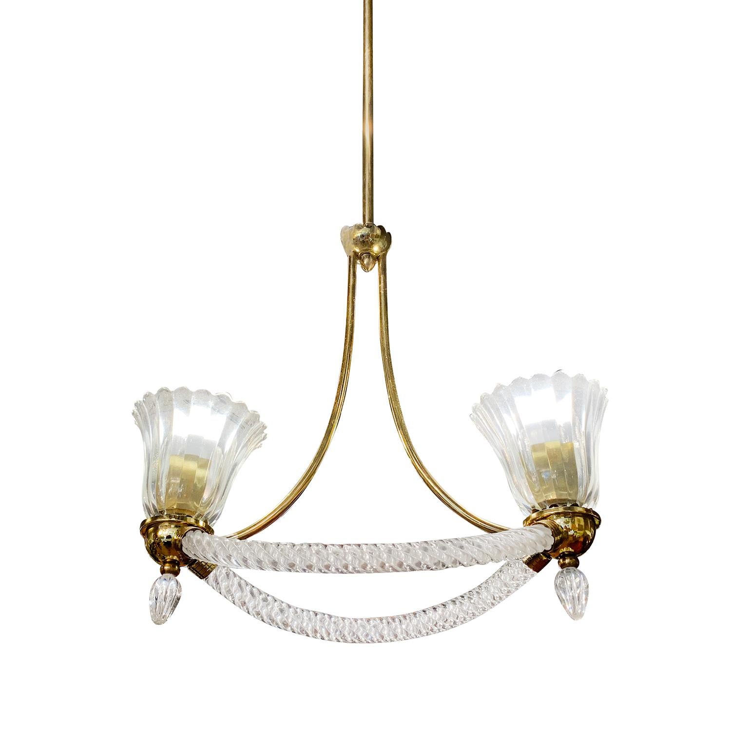 Hand-Crafted 20th Century Italian Murano Glass Chandelier, Brass Pendant by Barovier & Toso For Sale