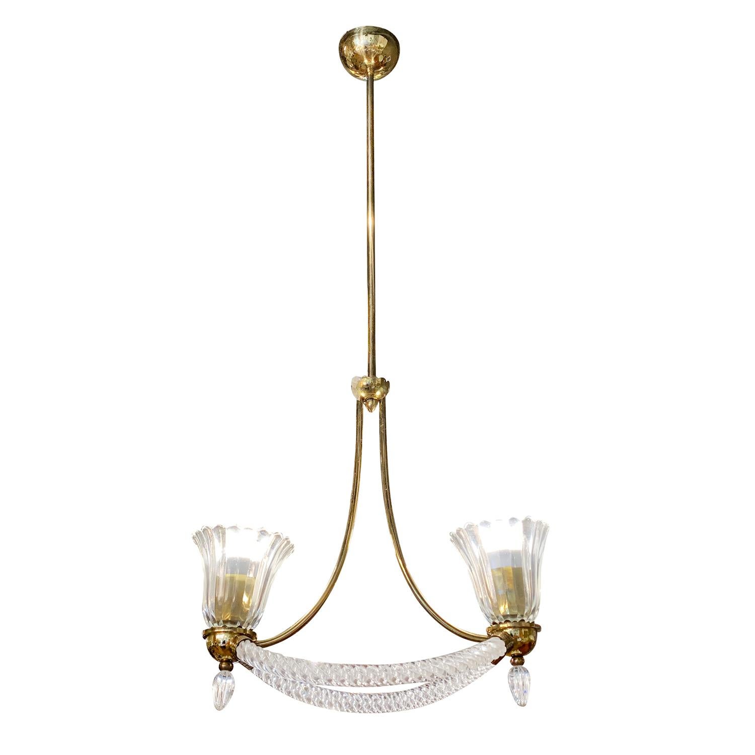 20th Century Italian Murano Glass Chandelier, Brass Pendant by Barovier & Toso In Good Condition For Sale In West Palm Beach, FL