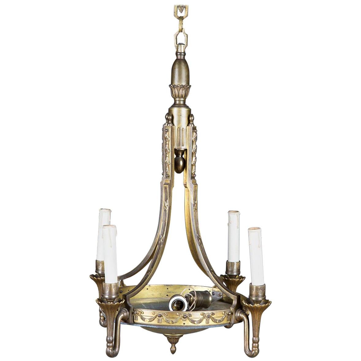 20th Century Chandelier in the Art Deco Style Bronze with Opaline Glass For Sale