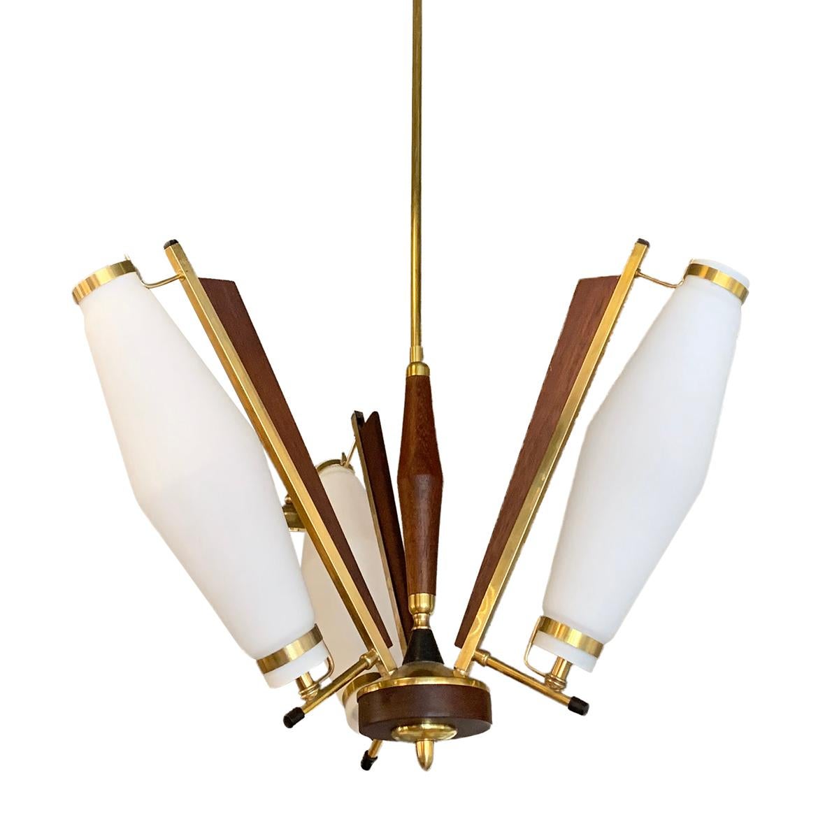 Hand-Carved 20th Century Italian Glass Three Armed Chandelier in the Style of Stilnovo