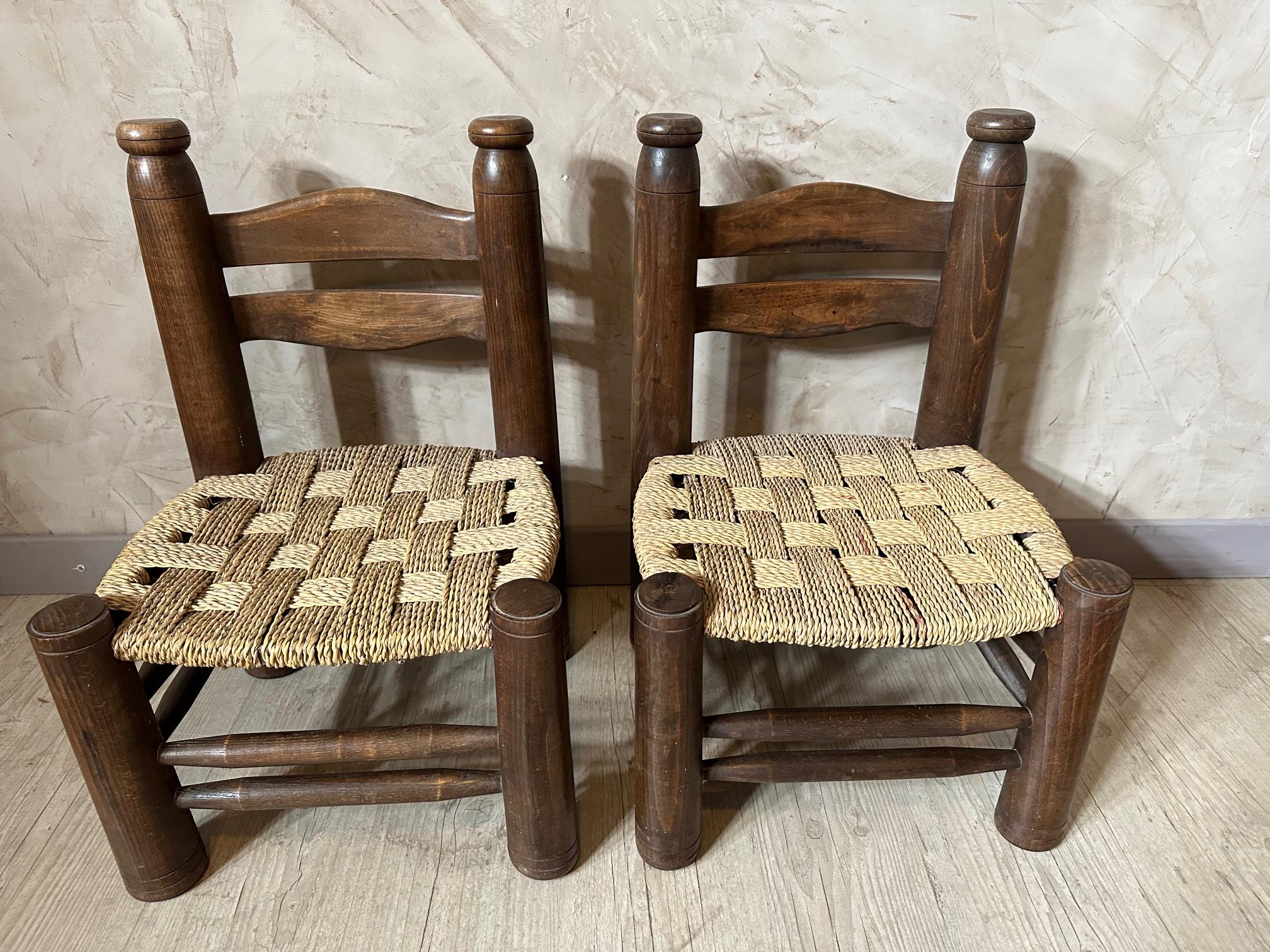 20th century Charles Dudouyt Oak and Rope Children Chairs For Sale 4
