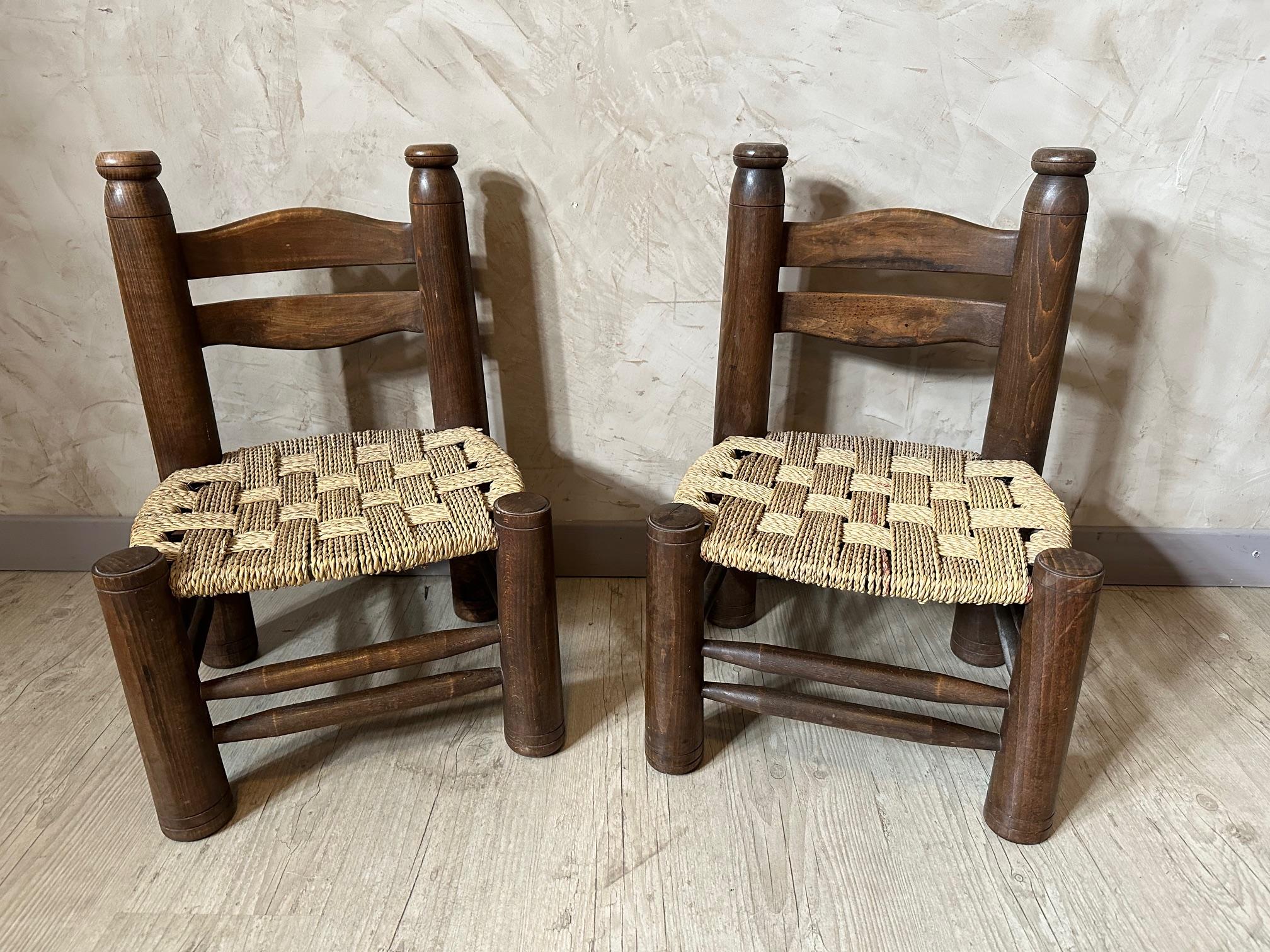 Brutalist 20th century Charles Dudouyt Oak and Rope Children Chairs For Sale