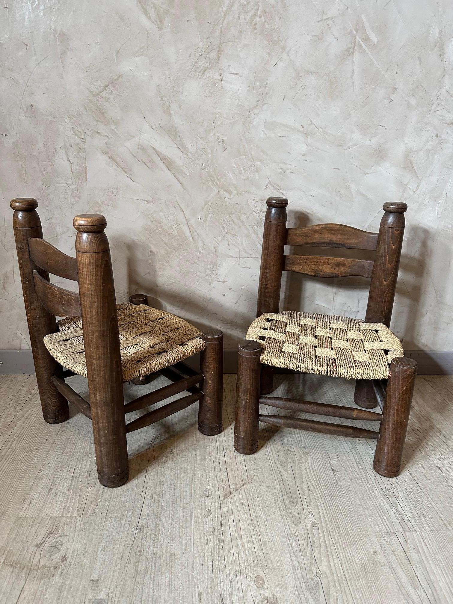 French 20th century Charles Dudouyt Oak and Rope Children Chairs For Sale