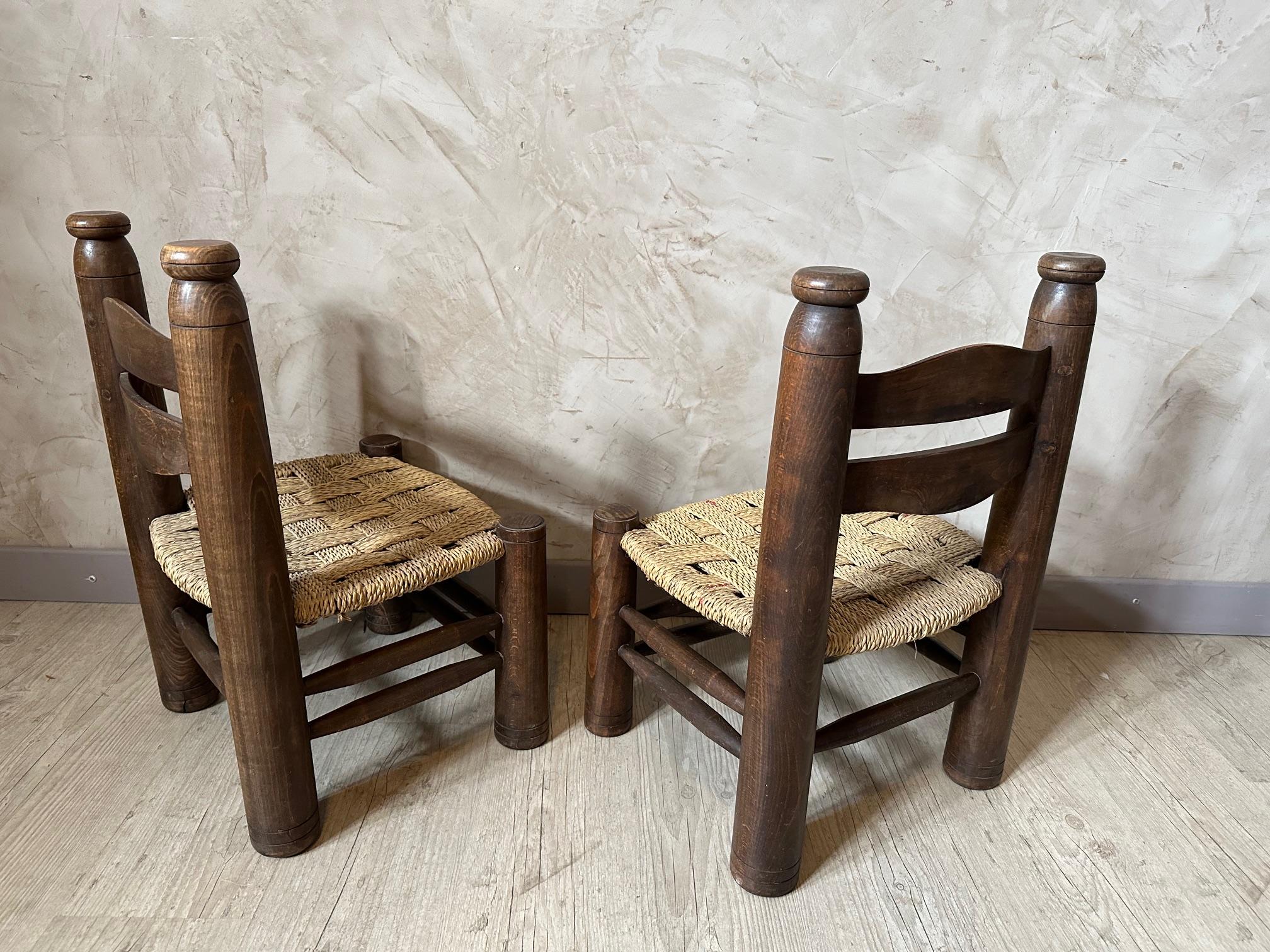 20th century Charles Dudouyt Oak and Rope Children Chairs In Good Condition For Sale In LEGNY, FR
