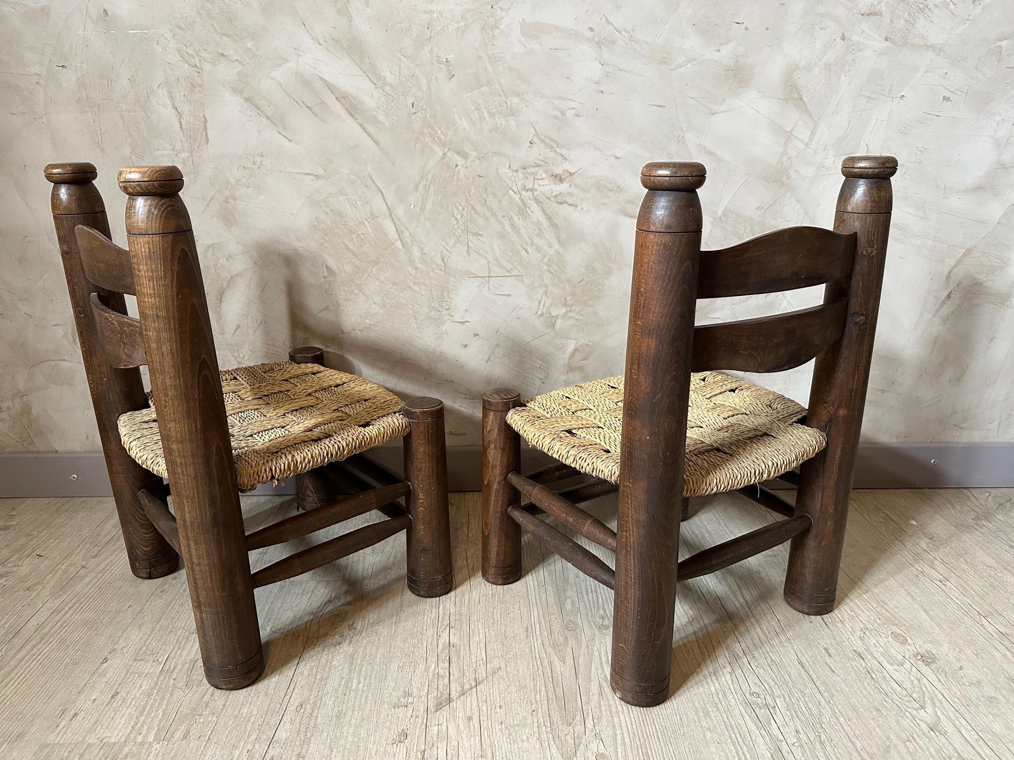 Mid-20th Century 20th century Charles Dudouyt Oak and Rope Children Chairs For Sale