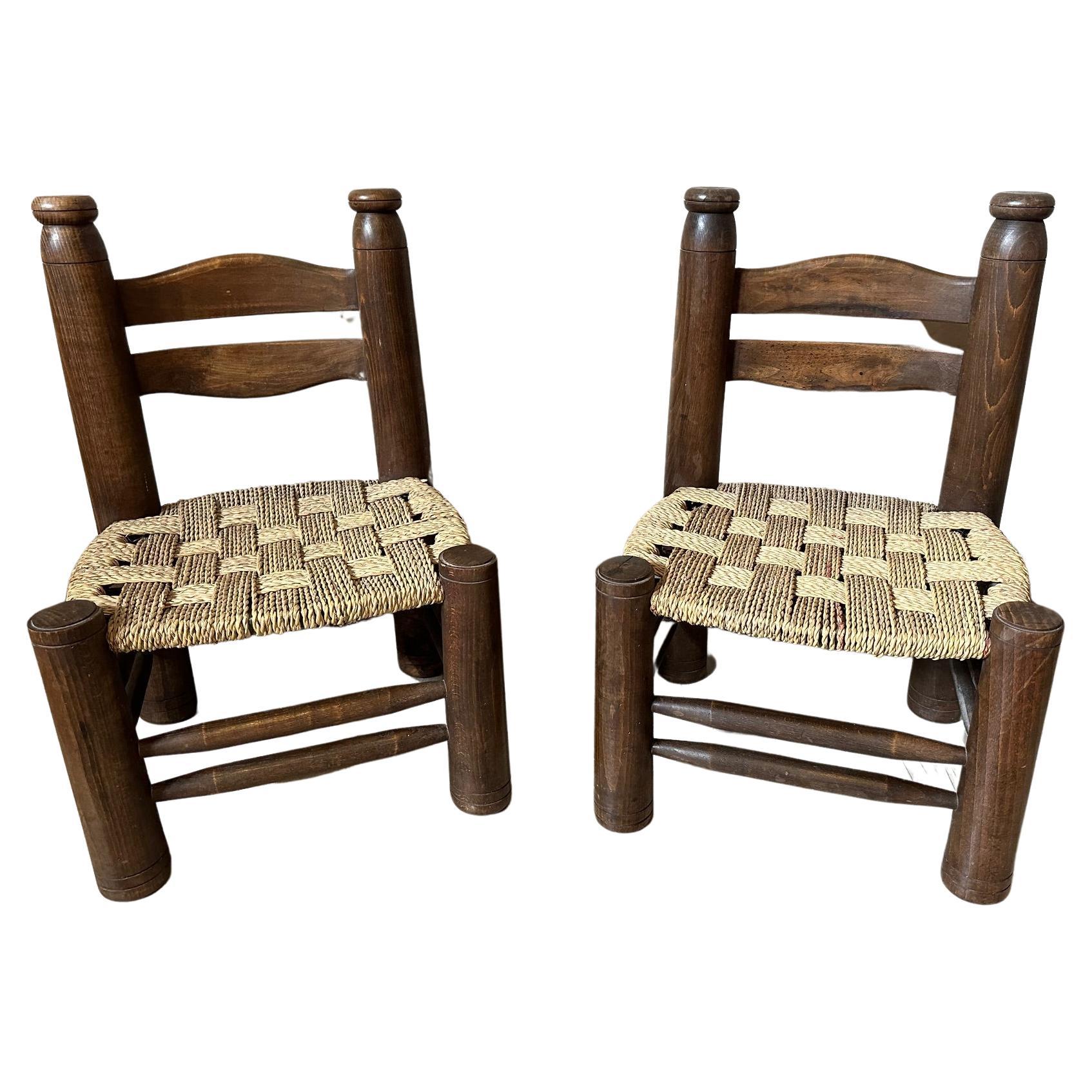 20th century Charles Dudouyt Oak and Rope Children Chairs For Sale