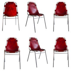 20th Century Charlotte Perriand Set of Six Chairs Les Arcs in Leather and Metal
