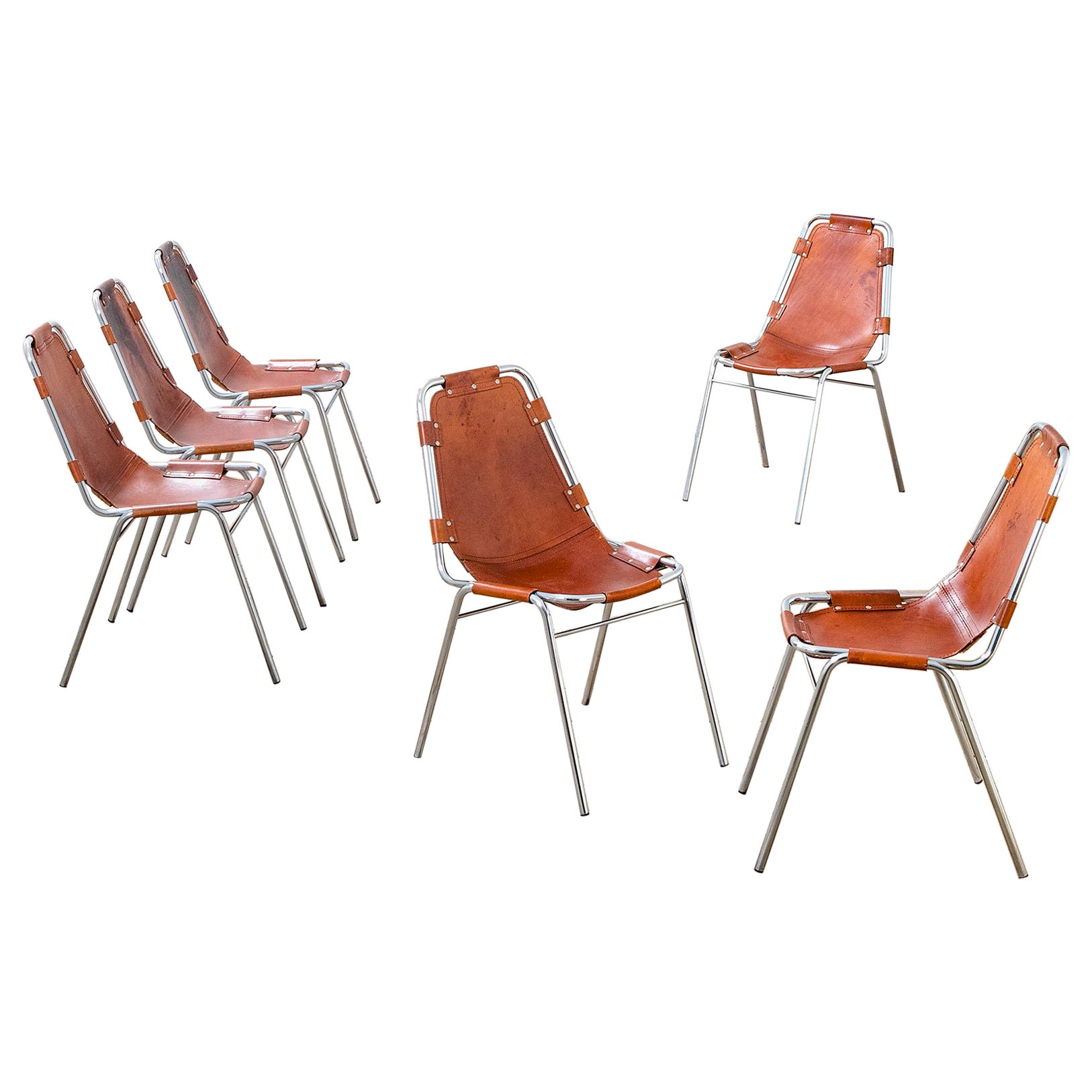 20th Century Charlotte Perriand Set Six Chairs Les Arcs in Leather Metal, 60s