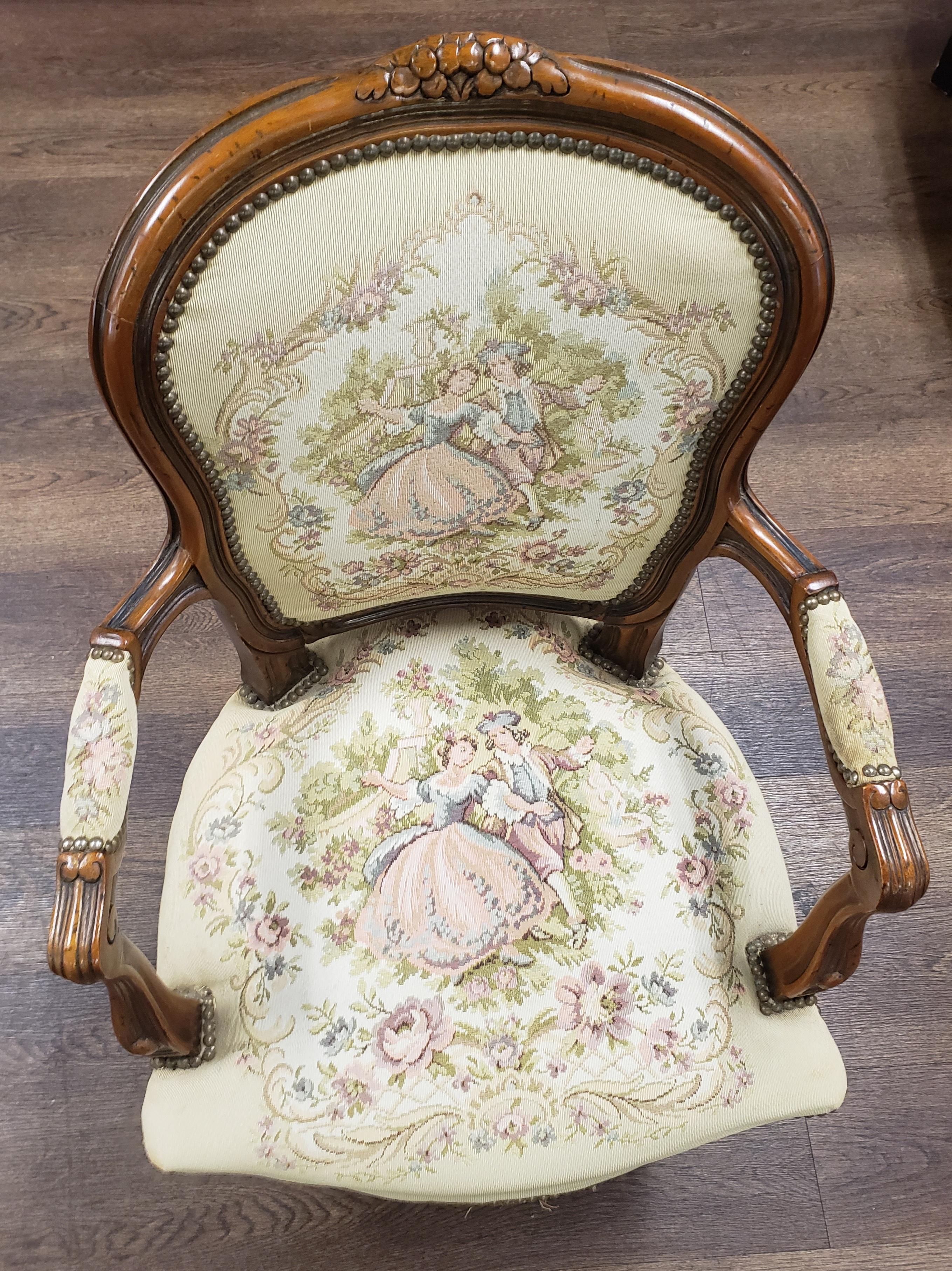 Stained 20th Century Chateau D'Ax Louis XV Tapestry Armchair  For Sale