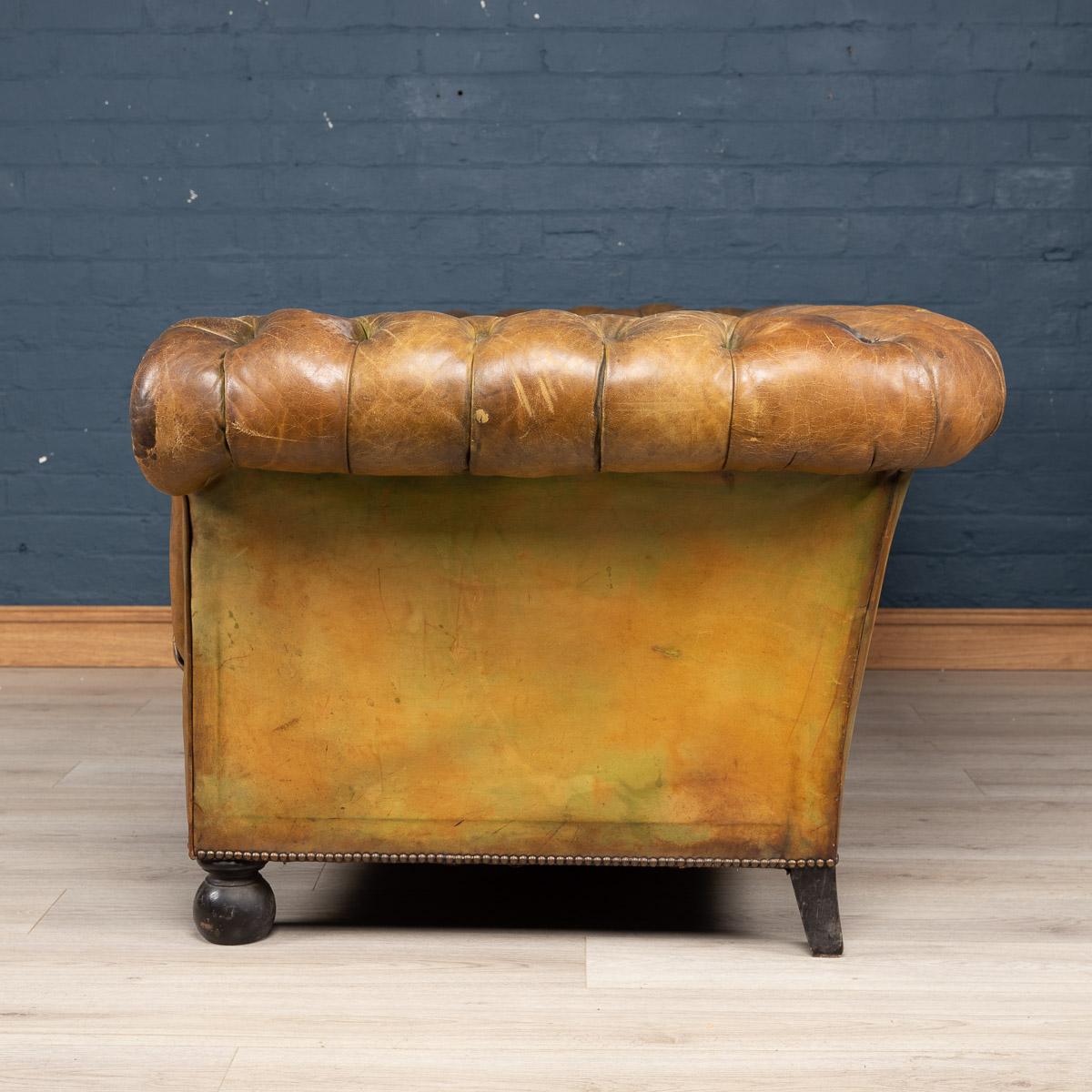 Antique early-20th century superb leather Chesterfield sofa, hand dyed. One of the most elegant models with button down seating, this is a fashionable evergreen capable of uplifting the interior space of any contemporary or traditional home, the