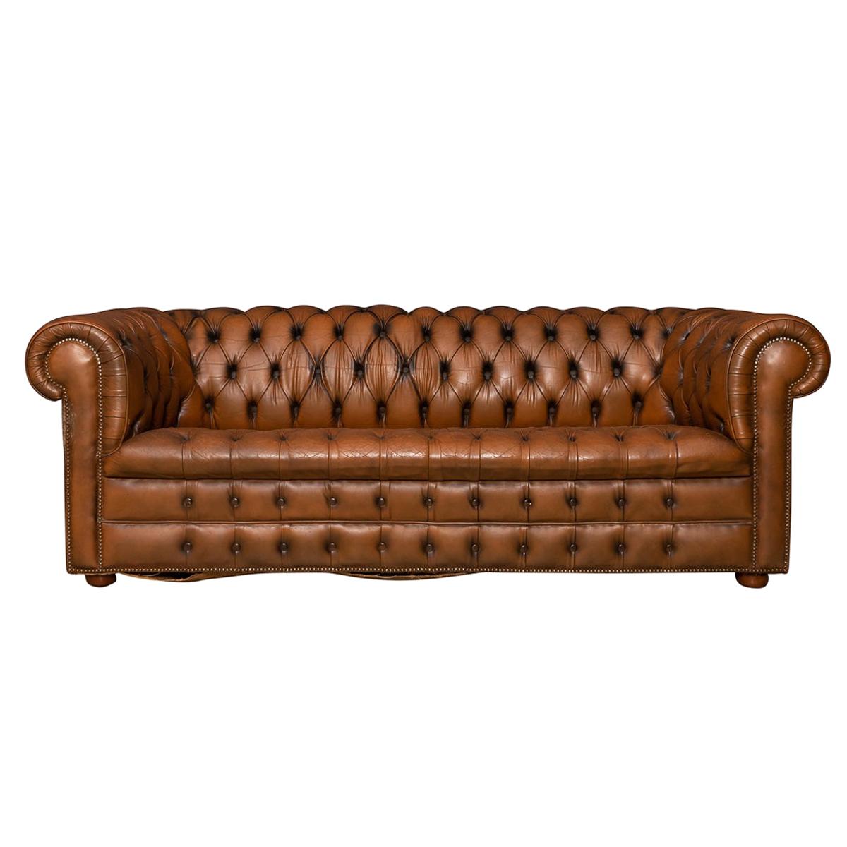 20th Century Chesterfield Three-Seat Leather Sofa With Button Down Seats