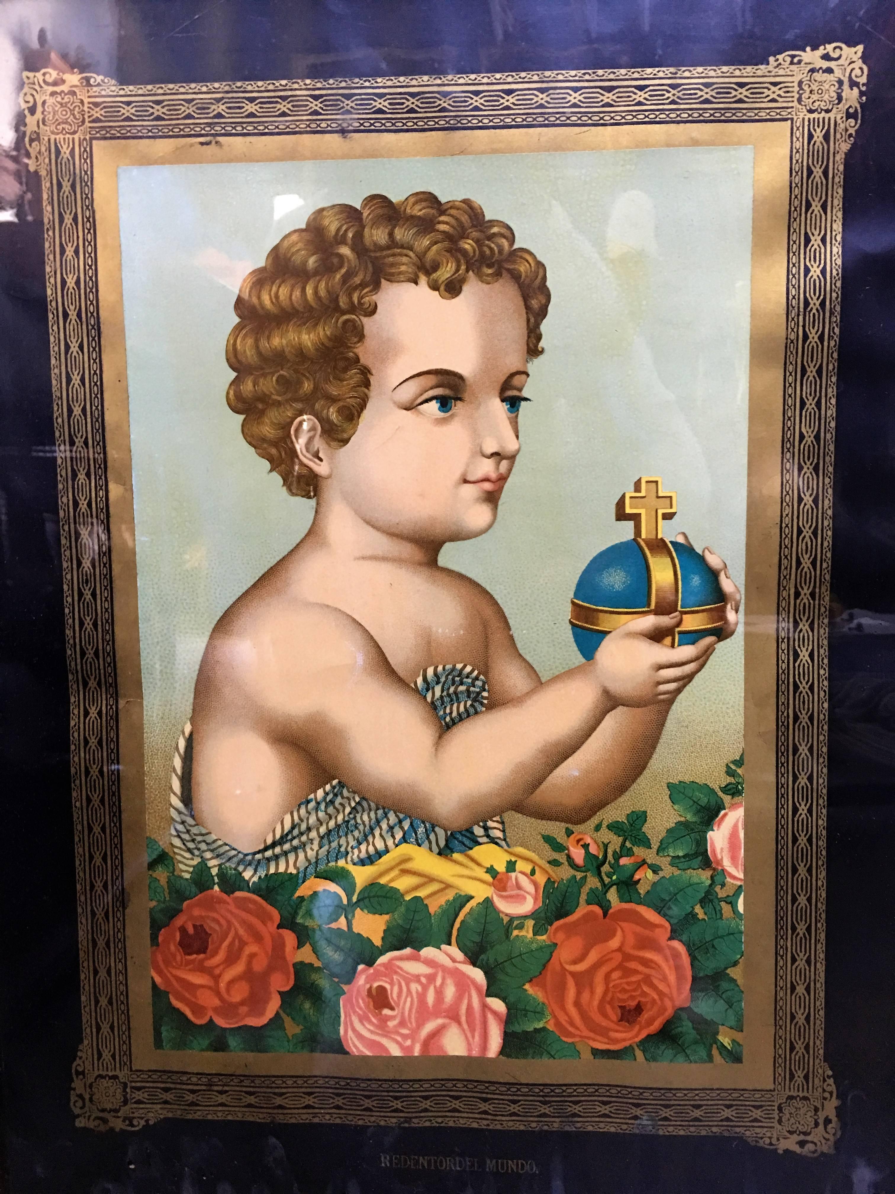 jesuskind des 20. Jahrhunderts mit königlichem Globus mit elisabethanischem Rahmen.