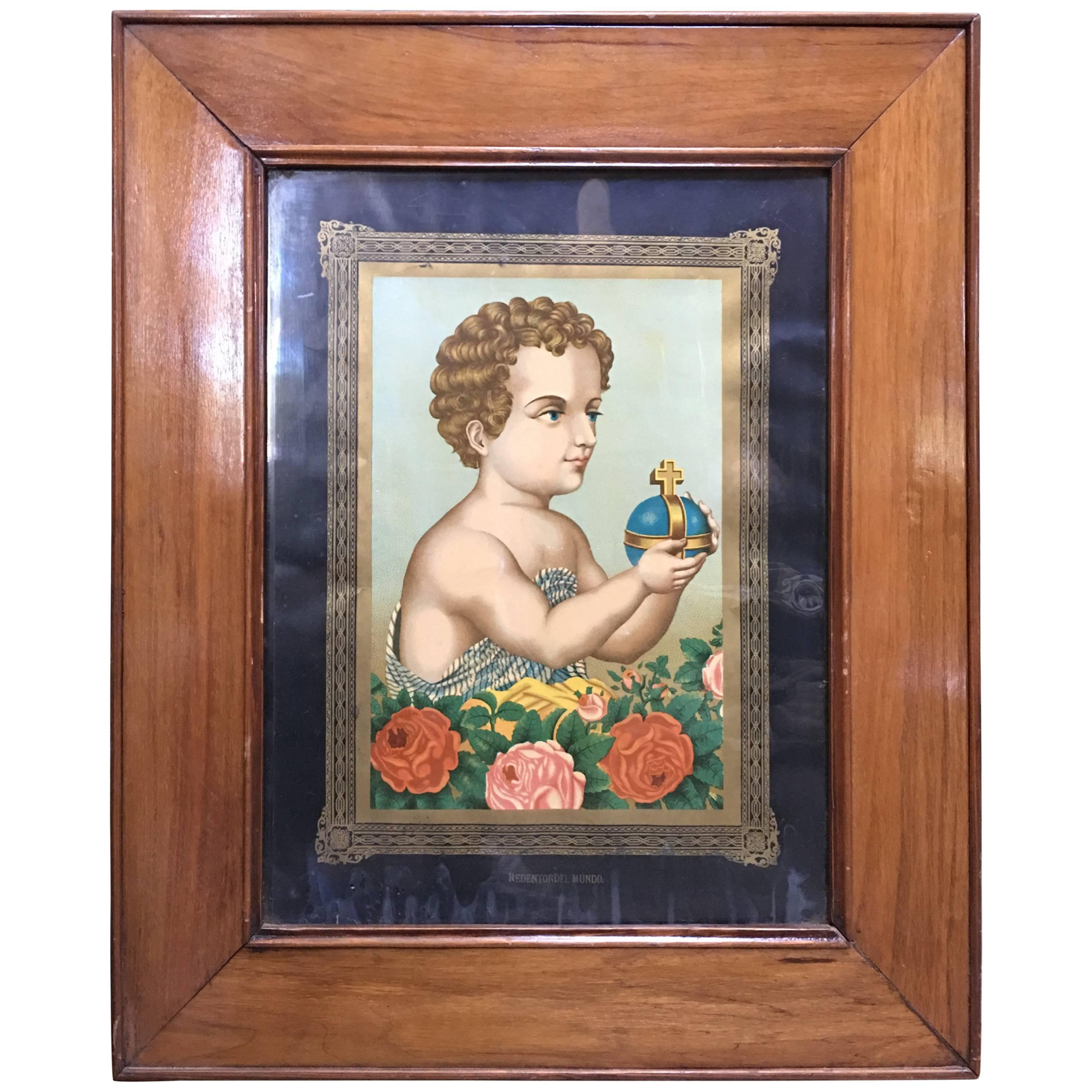 20th Century Child Jesus with Royal Globe with Elizabethan Frame For Sale