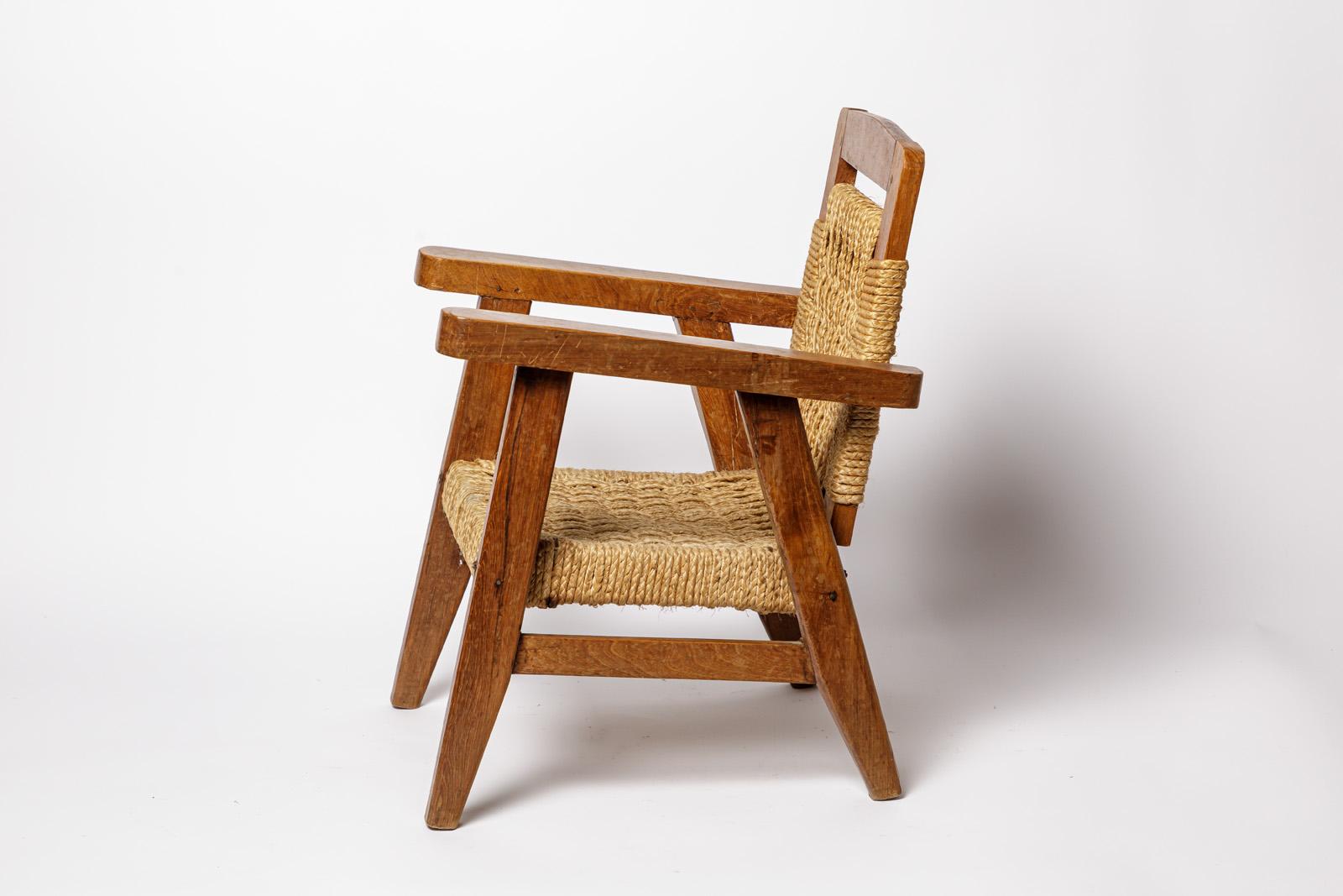 Mid-Century Modern 20TH CENTURY DESIGN Chaise longue en bois et corde style Audoux Minnet 2/2 en vente