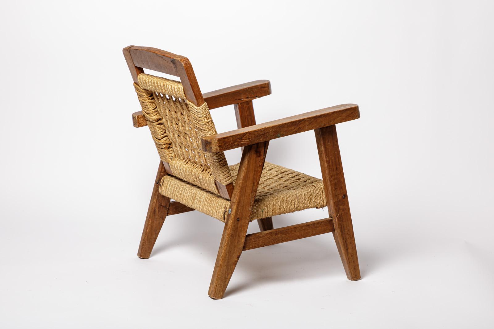 20ième siècle 20TH CENTURY DESIGN Chaise longue en bois et corde style Audoux Minnet 2/2 en vente