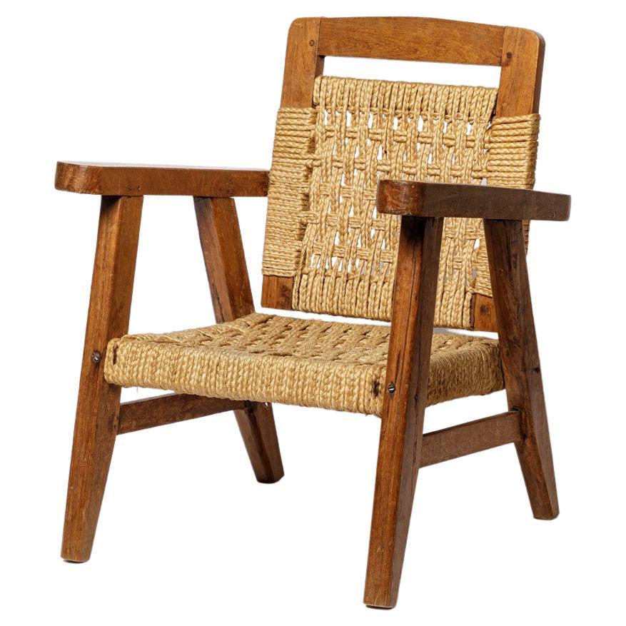 20TH CENTURY DESIGN Chaise longue en bois et corde style Audoux Minnet 2/2 en vente