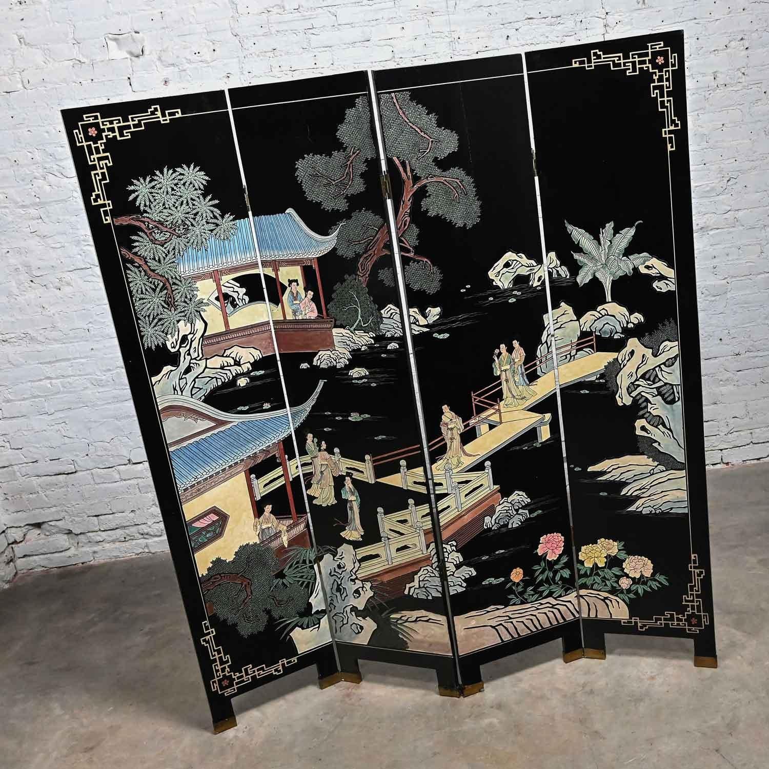 Stunning vintage Chinoiserie Chinese Export textured and raised pattern hand carved and painted coromandel 4 panel folding screen tagged with Trademark Shanghai China Lacquer Furniture. Beautiful condition, keeping in mind that this is vintage and
