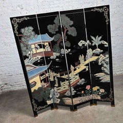20TH Century Chinese 4 Panel Folding Screen Trademark Shanghai Lacquer Furniture