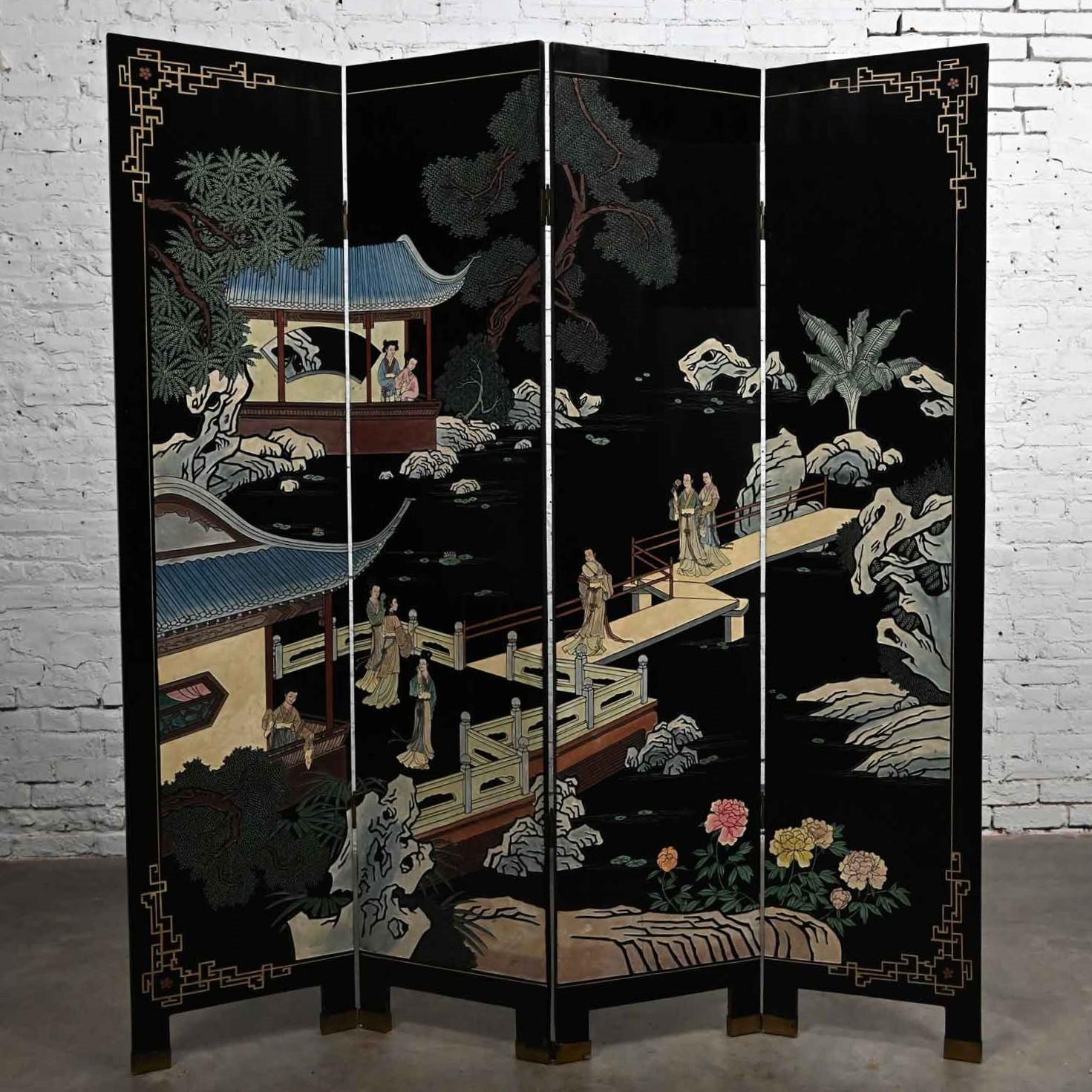 Chinese Export 20TH Century Chinese 4 Panel Folding Screen Trademark Shanghai Lacquer Furniture