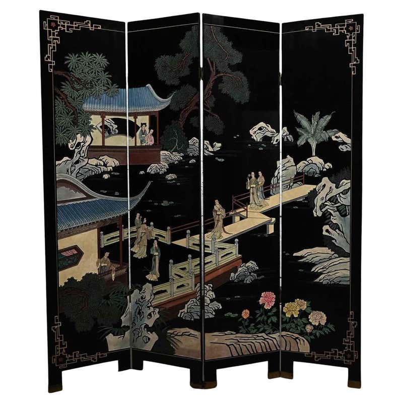 Panel Changing Screen Asian Hand Carved 4-Panel Folding Screen or Room Divider Lacquered and ...