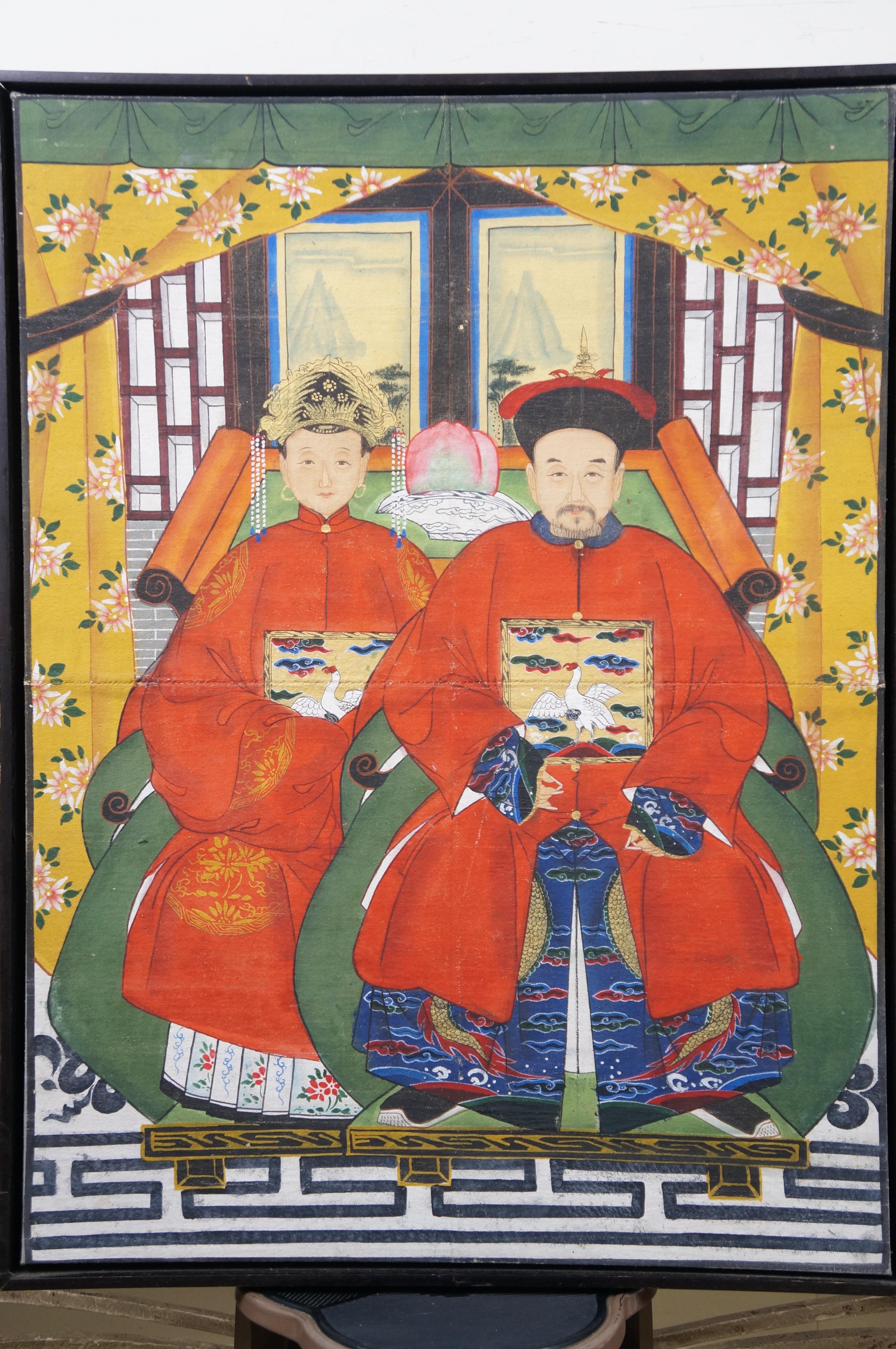 20. Jahrhundert Chinesisch Vorfahren Porträt Gemälde Kaiser Kaiserin Öl Leinwand 31