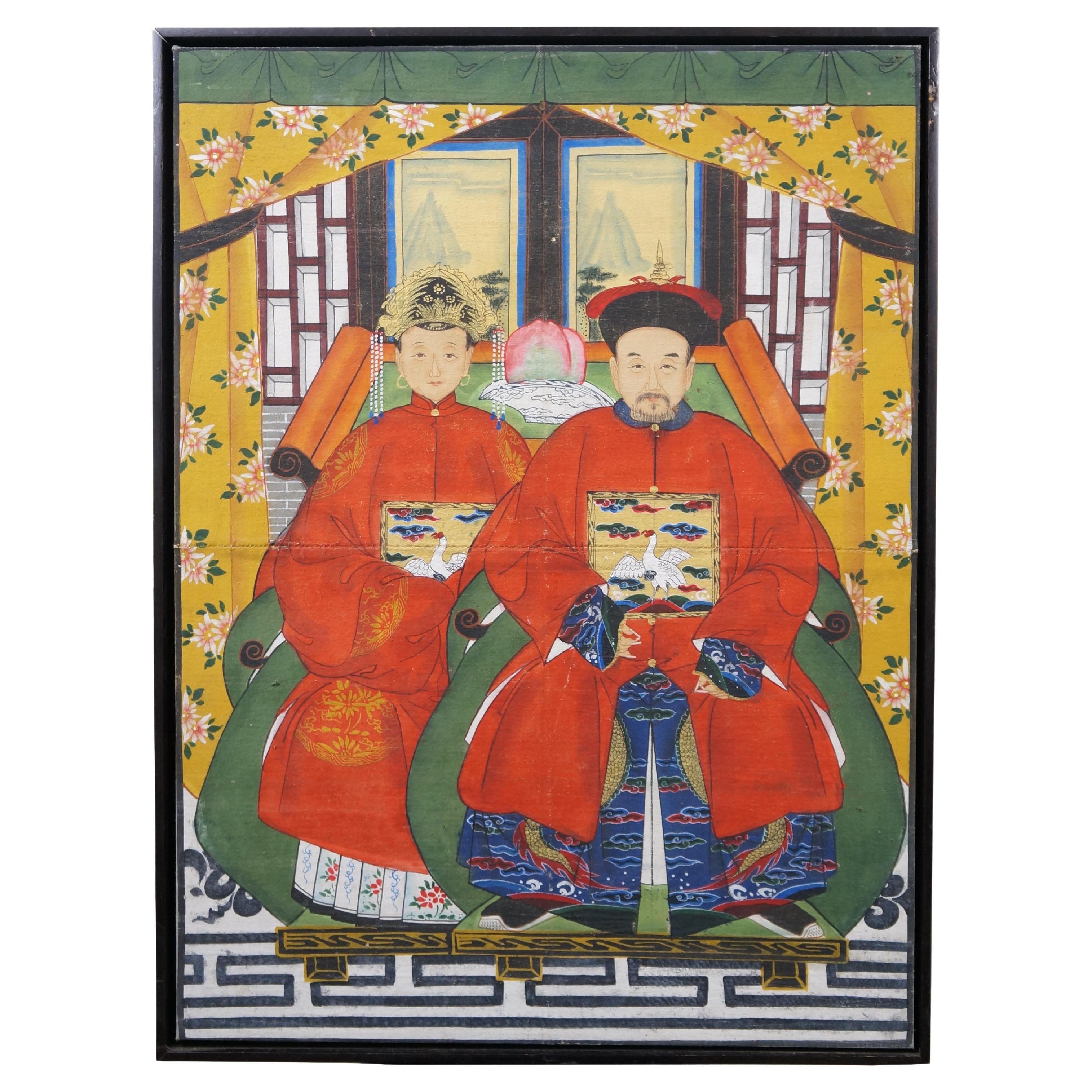 20. Jahrhundert Chinesisch Vorfahren Porträt Gemälde Kaiser Kaiserin Öl Leinwand 31" im Angebot