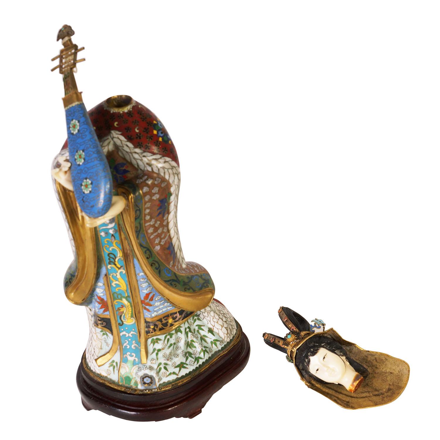 20th Century Chinese Antique Cloisonne Figurine with Musical Instrument For Sale 5