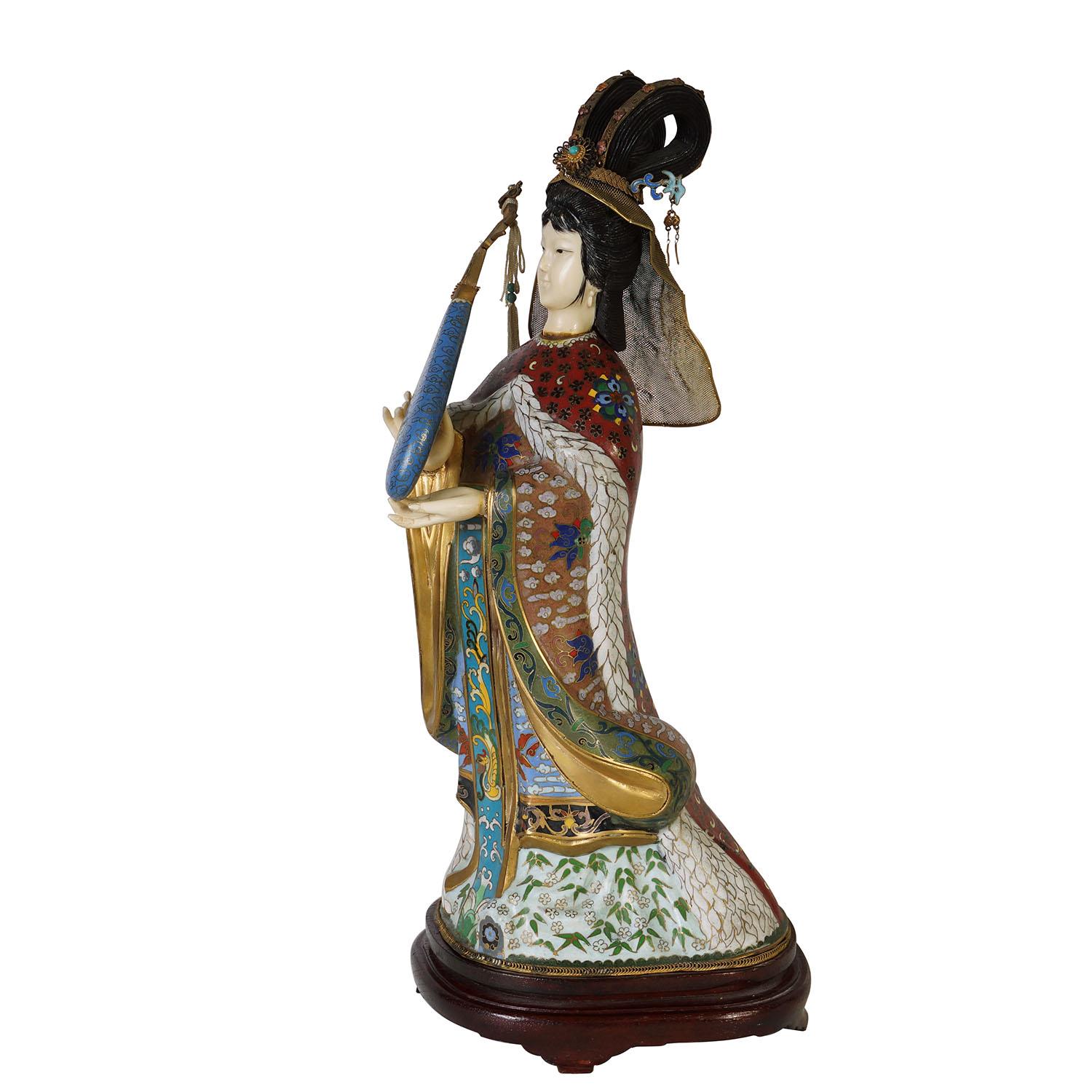 Cloissoné 20th Century Chinese Antique Cloisonne Figurine with Musical Instrument For Sale
