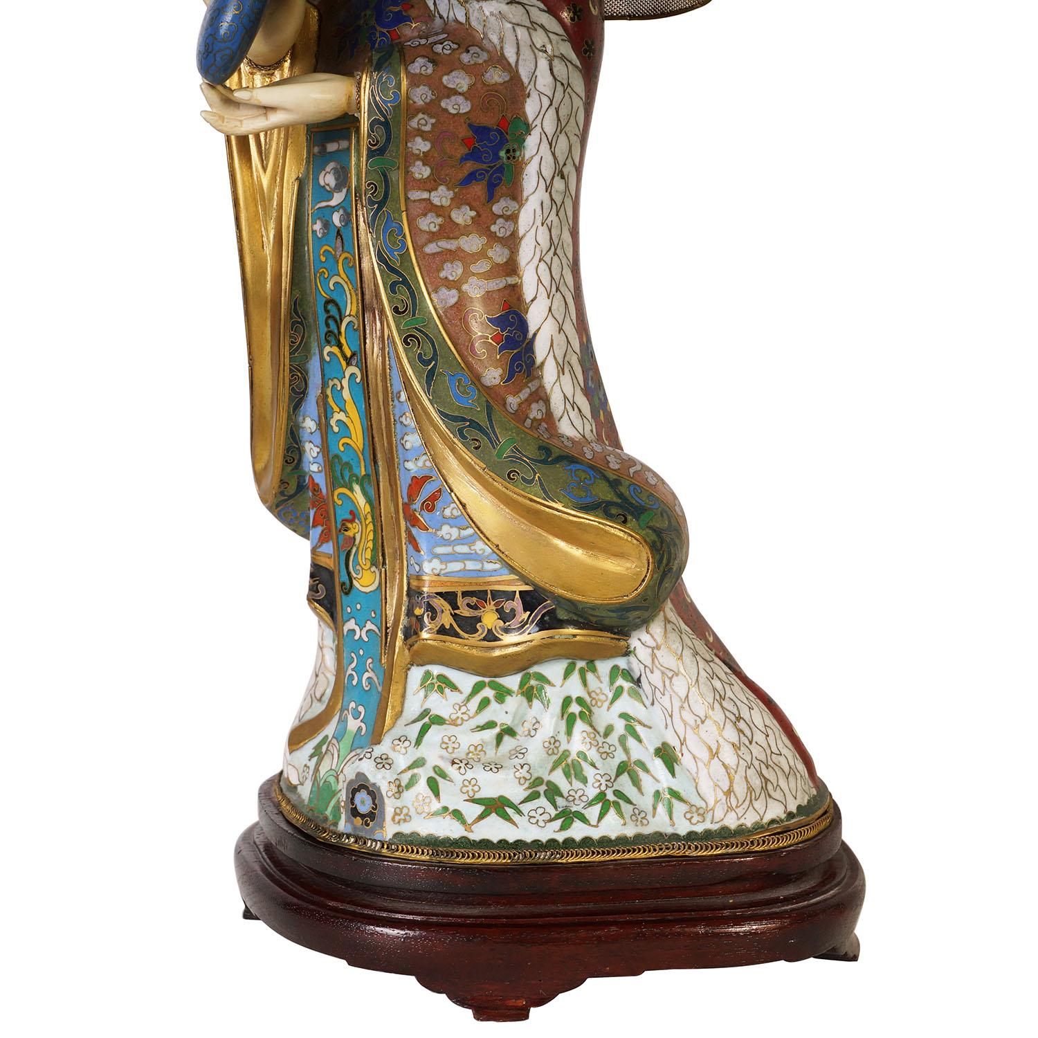 Metal 20th Century Chinese Antique Cloisonne Figurine with Musical Instrument For Sale