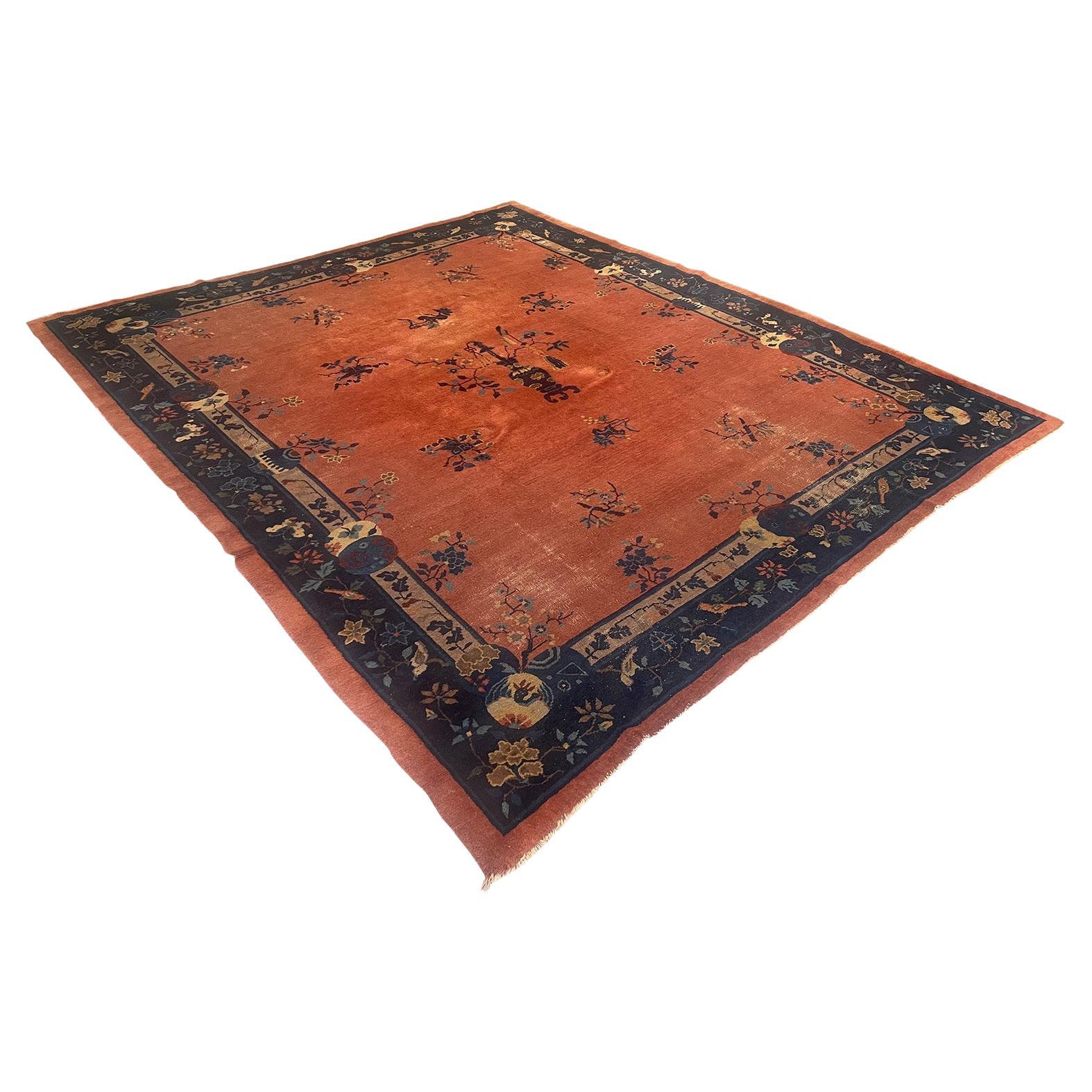 20th Century Chinese Art Deco Rust & Navy Rug For Sale