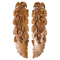 20th Century Chinese Assimetrical Pair of Hand Carved and Decorated Teak Panels 