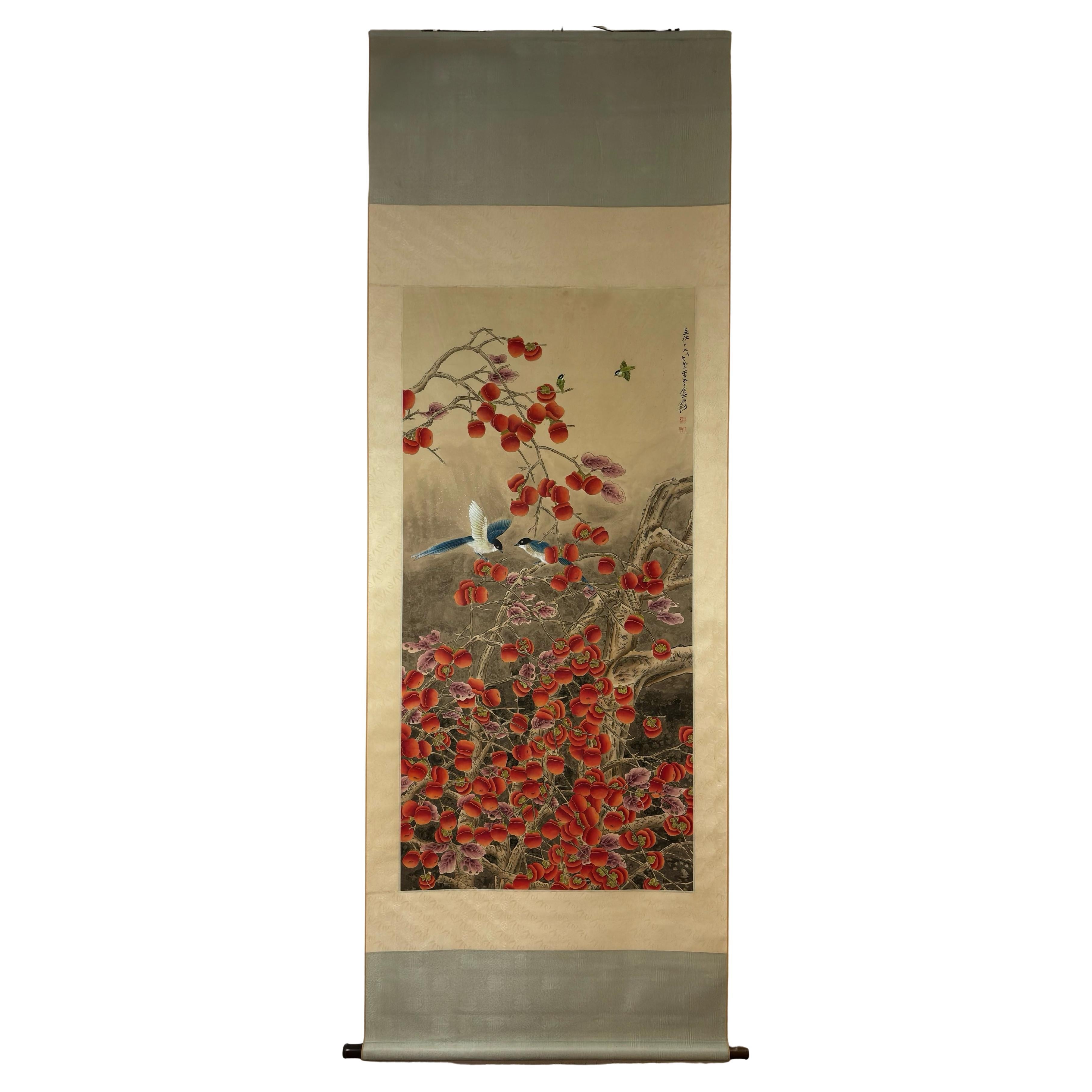 20th Century Marks Rouleau peint à la main d'oiseaux et de fleurs - Marqué Zhang Daqian